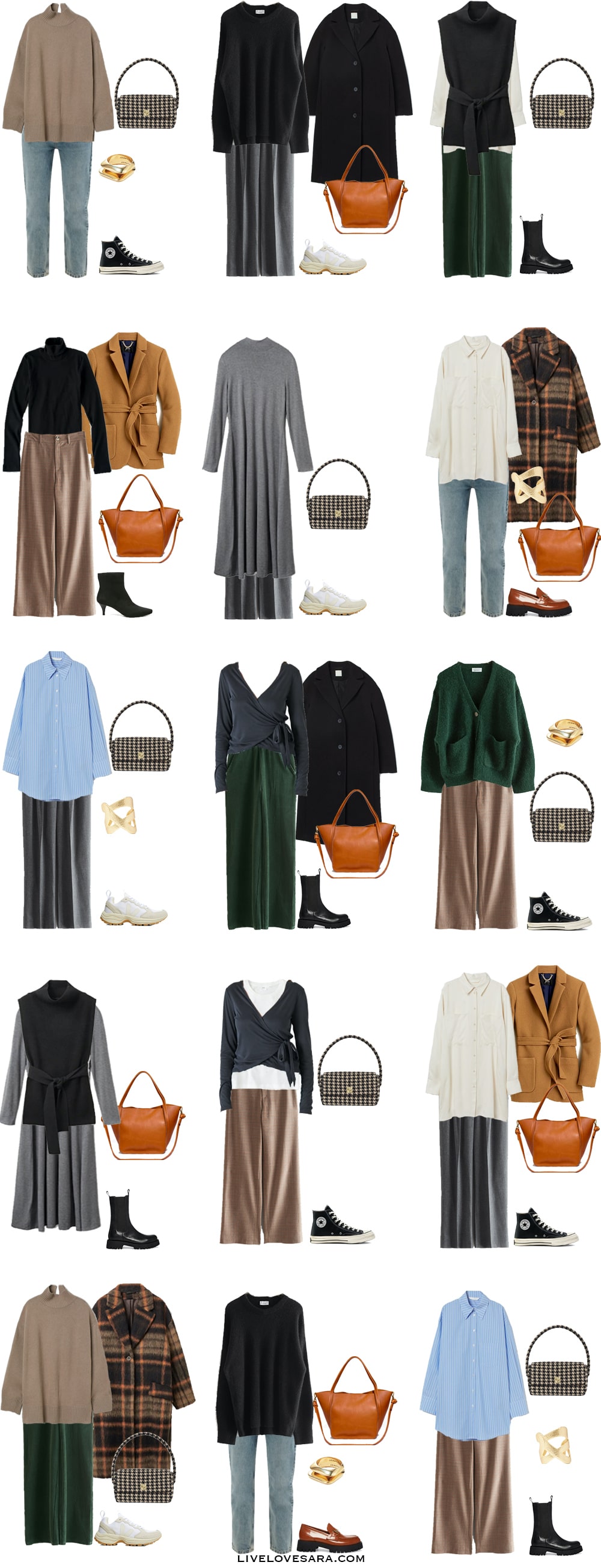 A white background with the pieces for how to dress an Inverted Triangle body shape capsule wardrobe laid out in 15 outfits.