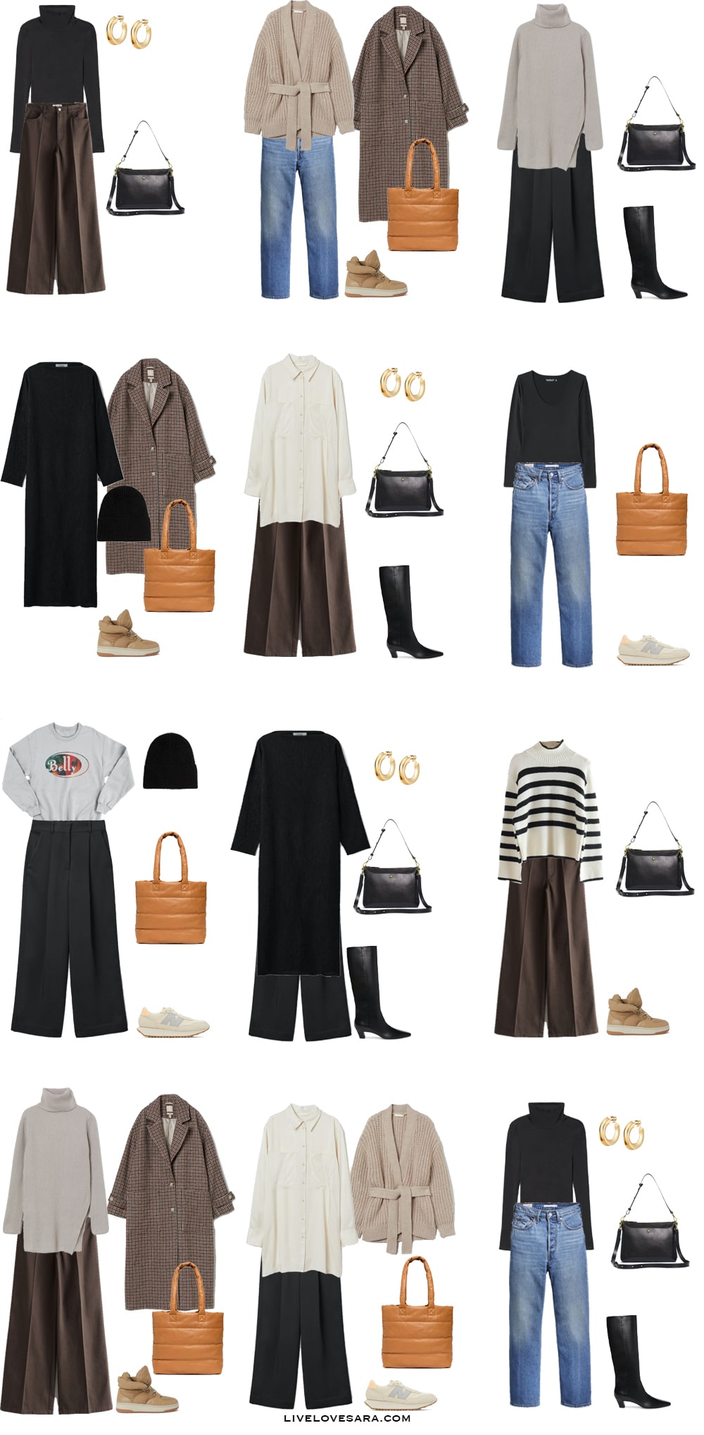 A white background with 12 outfits for the holidays bulit form the pieces of the holiday packing list.