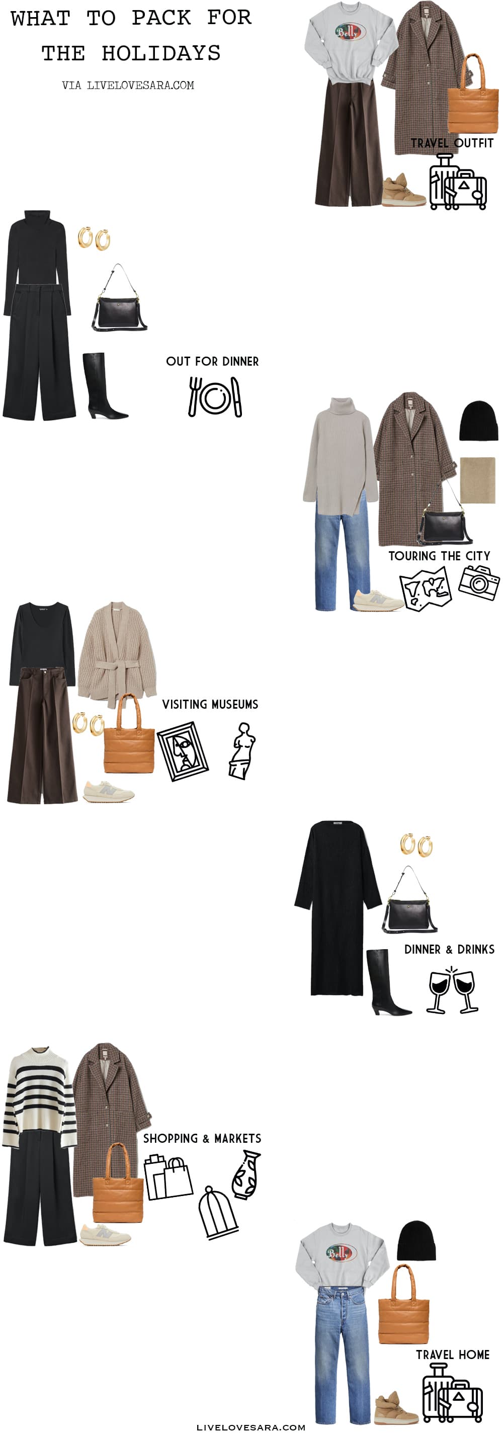 A white background with seven outfits laid out for what to wear for various holiday outings.