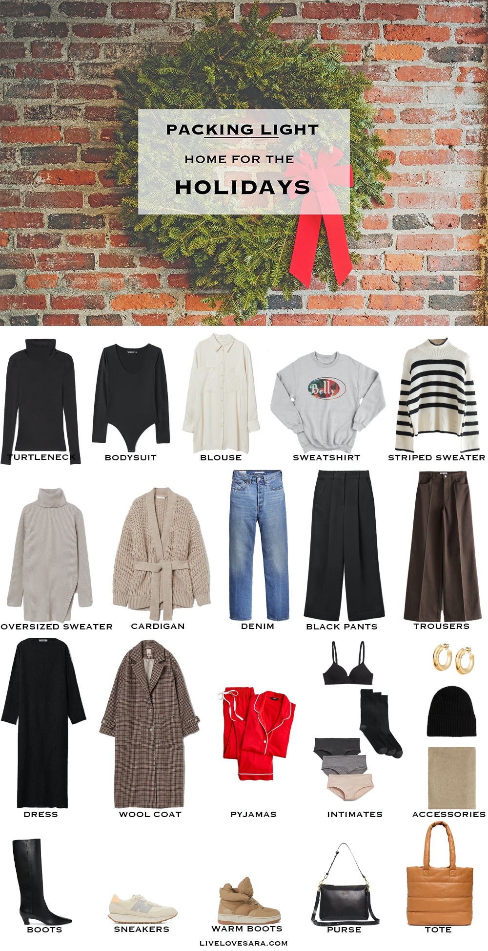 At picture of a brick wall with a holiday wreath in the center and below laid out in rows are the clothes to pack for the holidays.