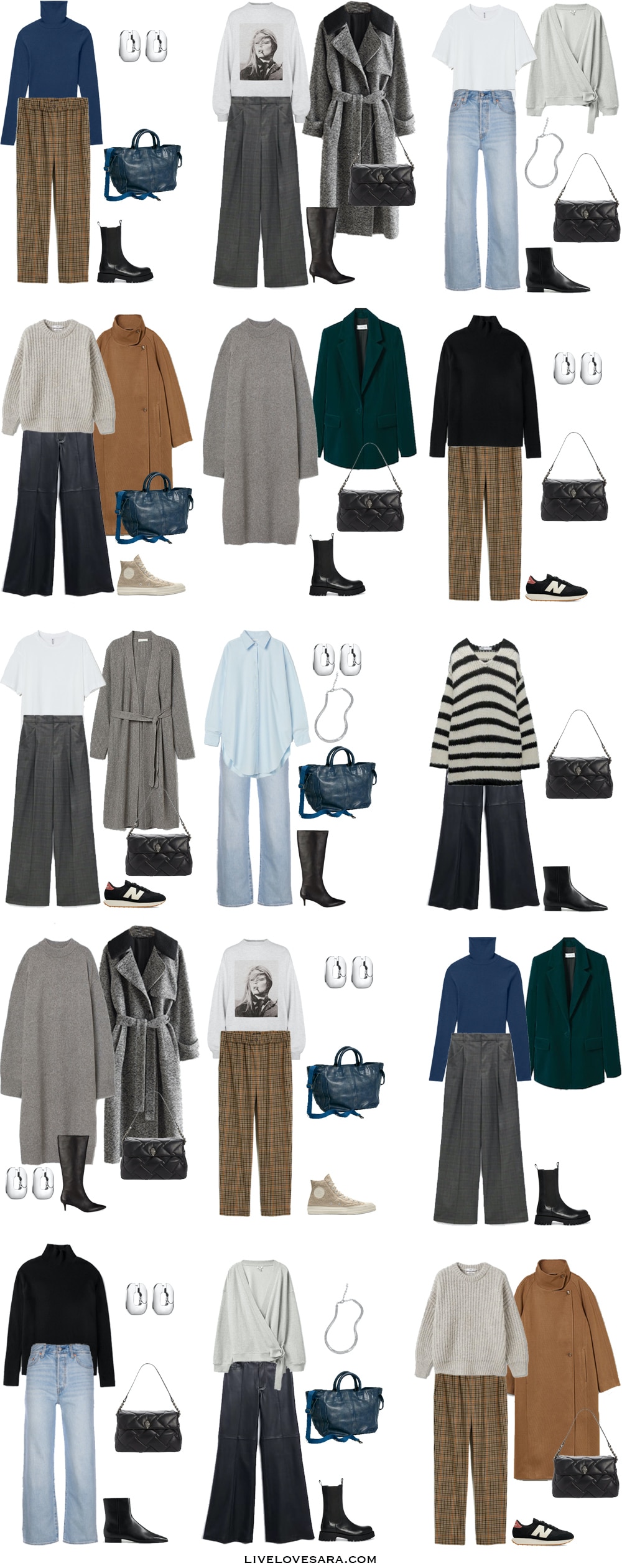 A white background with outfits 1-15 built from the winter capsule wardrobe.
