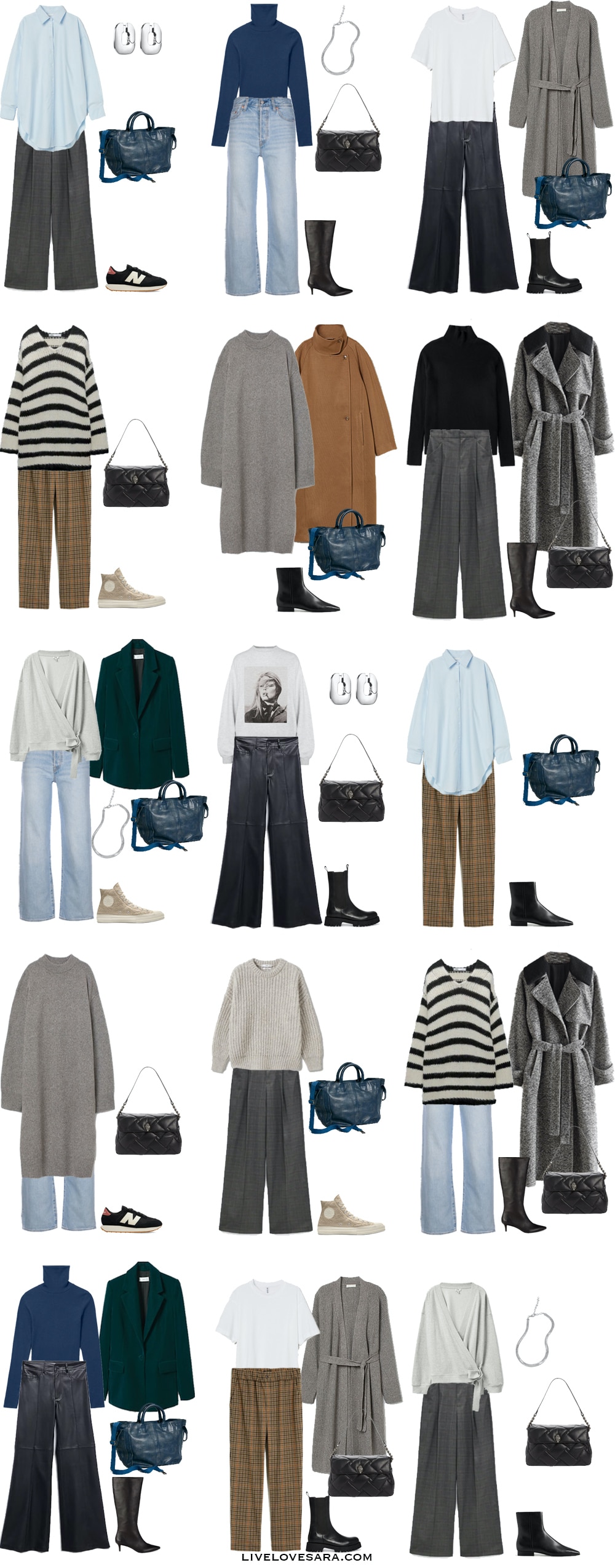 A white background with outfits 16-30 built from the winter capsule wardrobe.