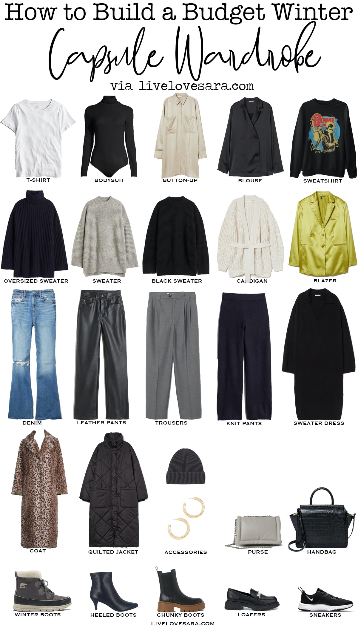 A white background with 26 pieces for a winter capsule wardrobe on a Budget laid out in rows.