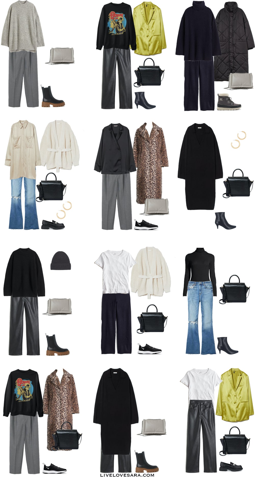 A white background with outfits 1-15 built from the winter capsule wardrobe on a budget.