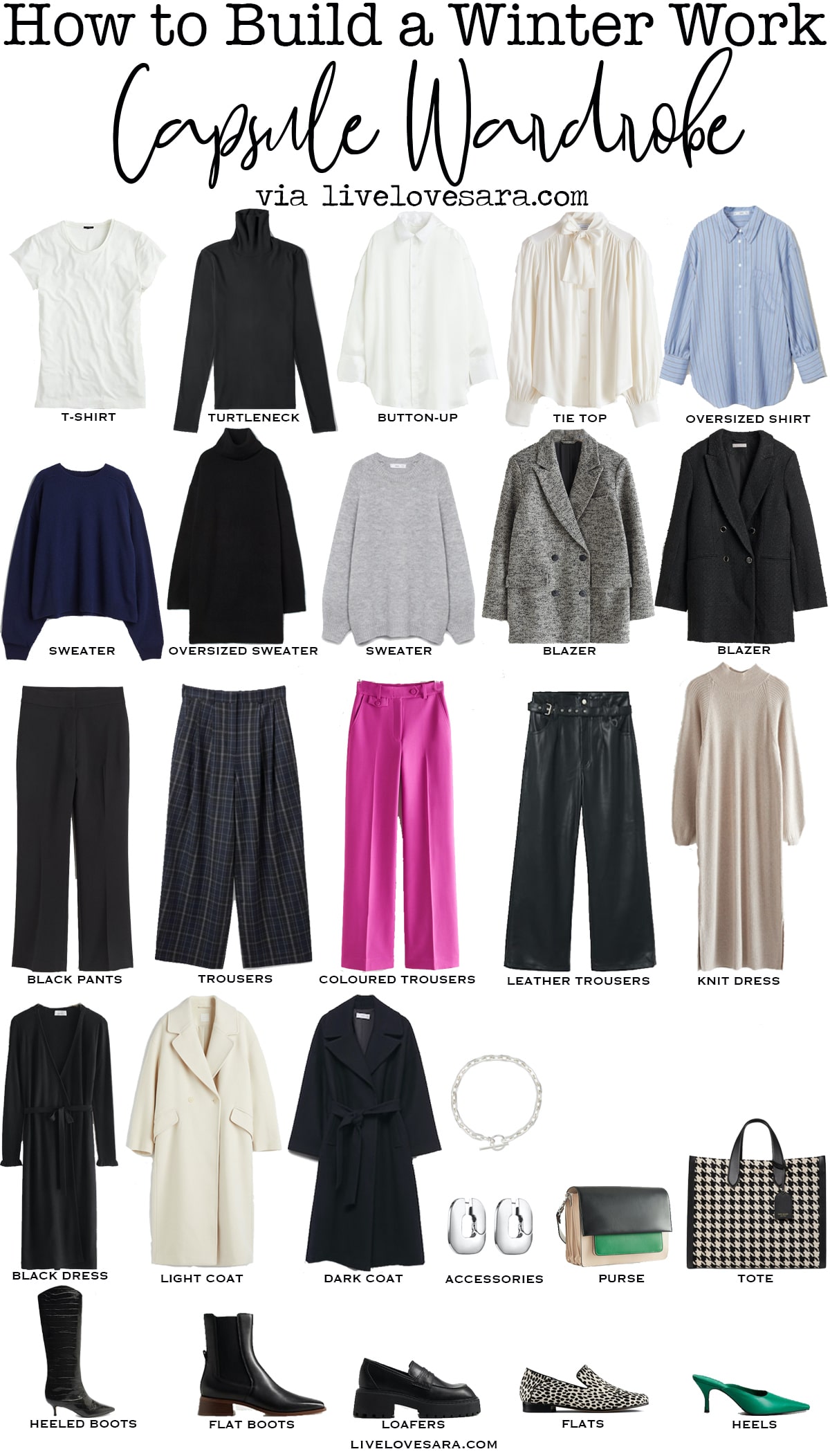 A white background with 27 pieces for a work capsule wardrobe for winter laid out in rows.
