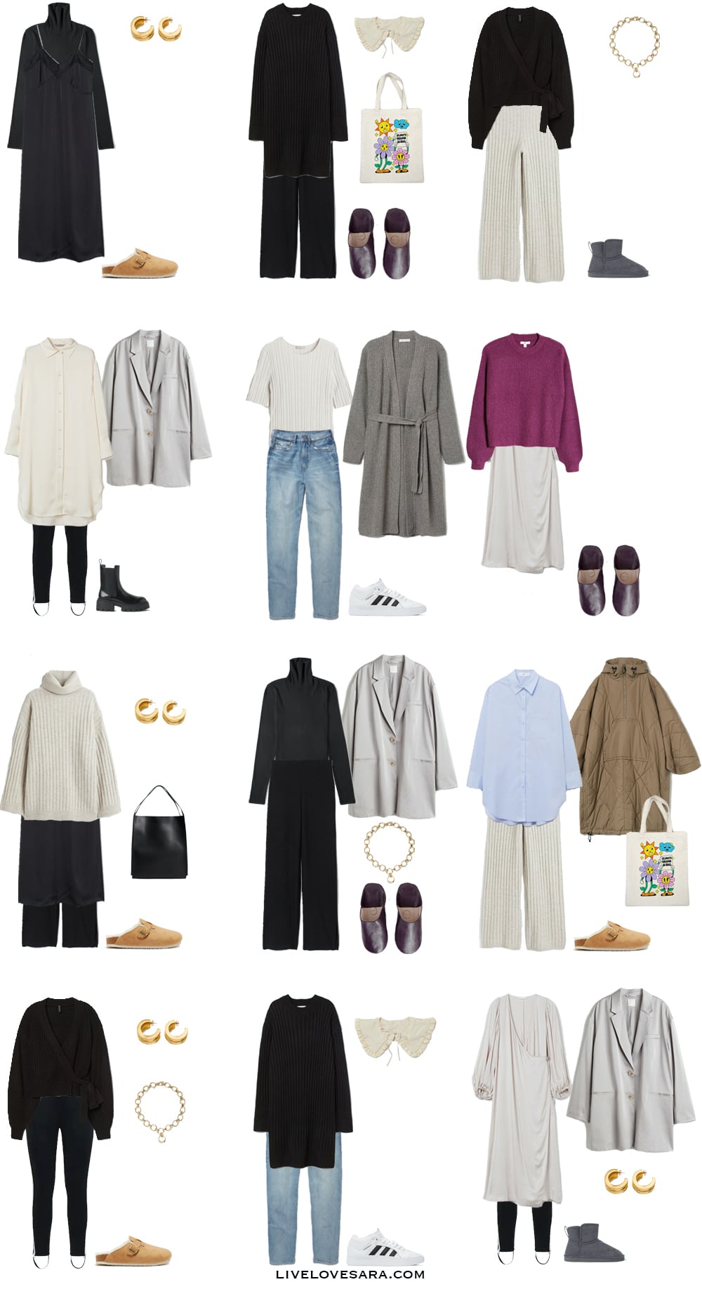 A white background with outfits 13-24 built from the winter work from home capsule wardrobe on a budget.