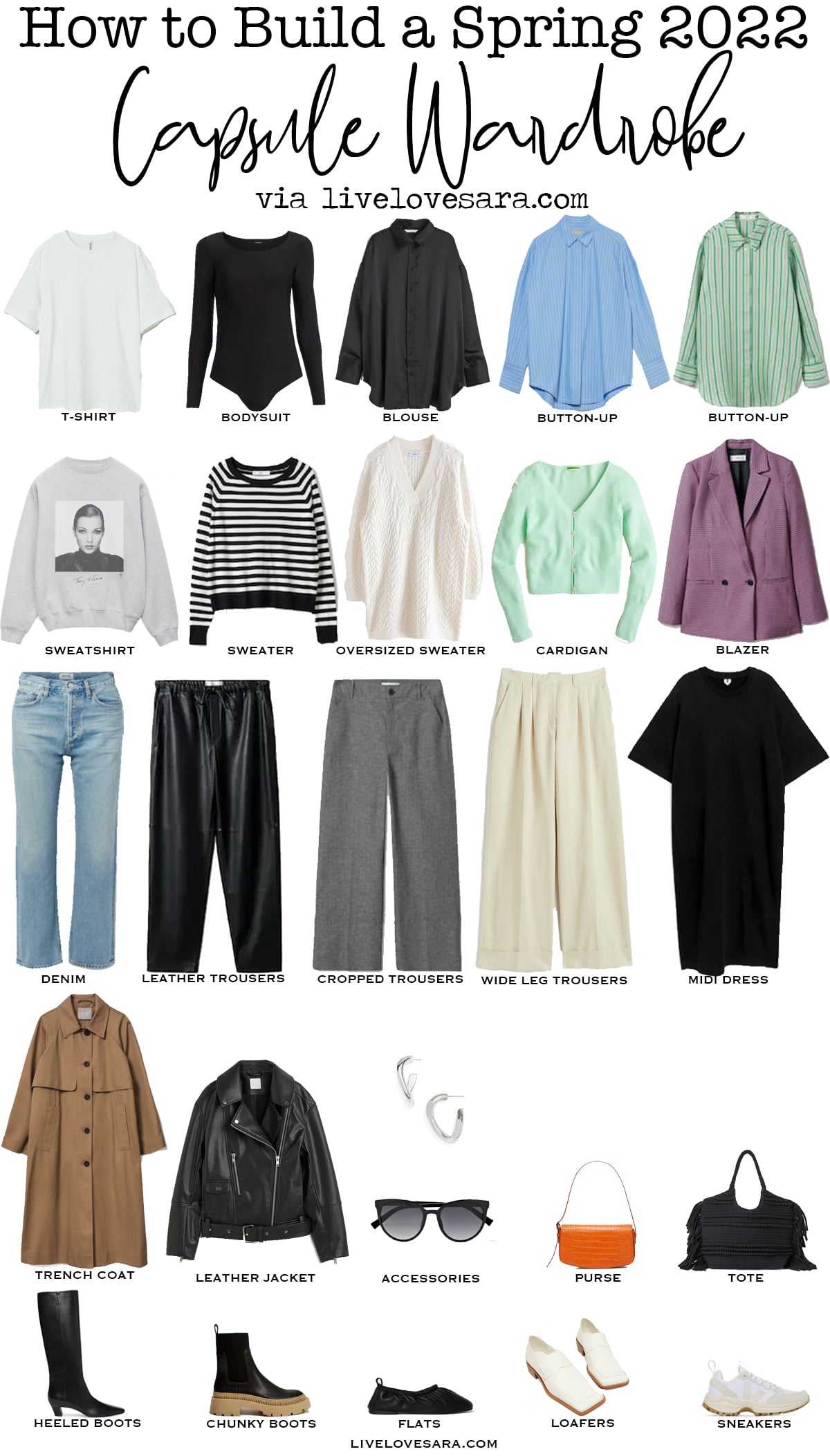 A white background with 26 pieces for a spring capsule wardrobe for 2022 laid out in rows.