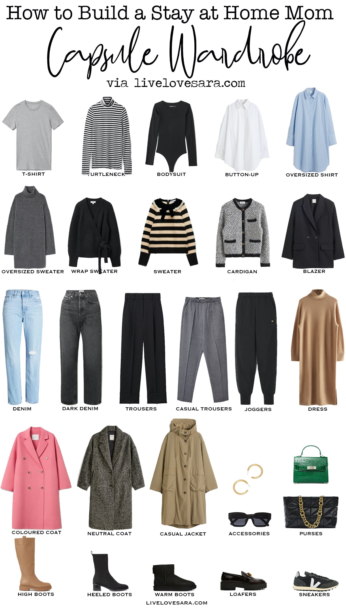 A white background with 28 pieces for an edgy capsule wardrobe for winter laid out in rows.