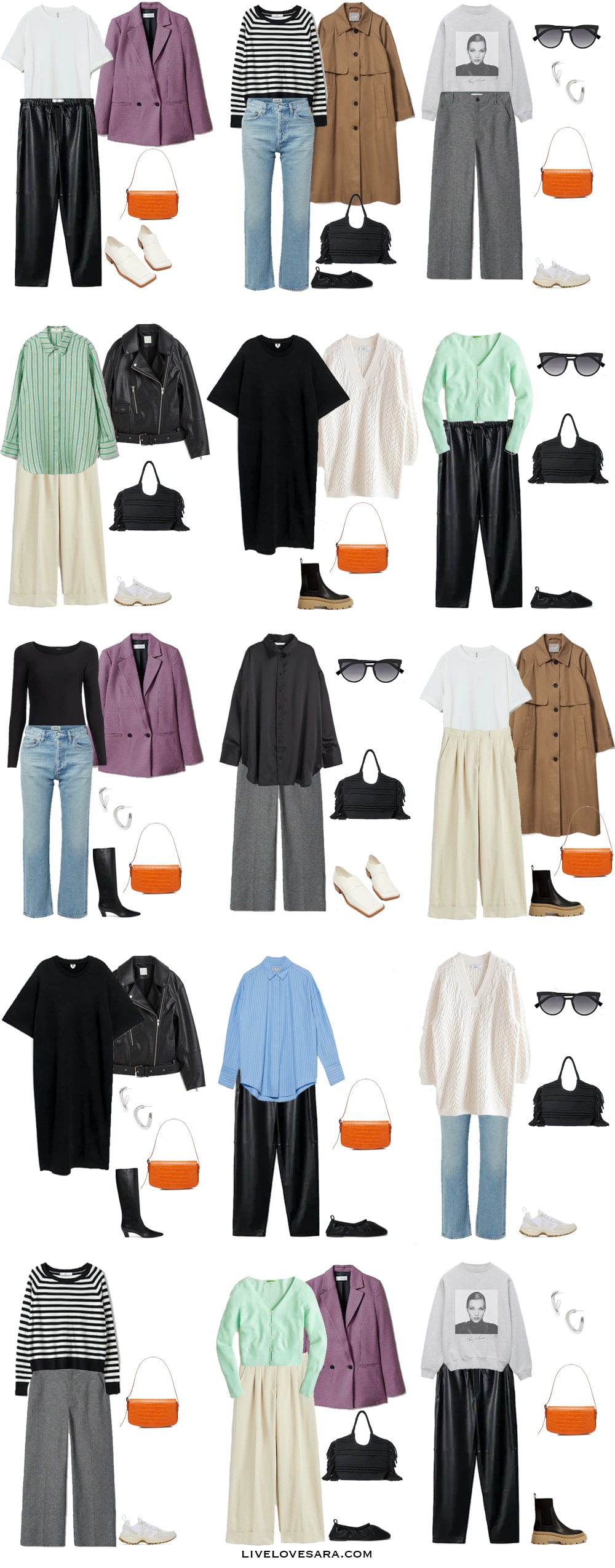 A white background with outfits 1-15 built from the spring capsule wardrobe for 2022.