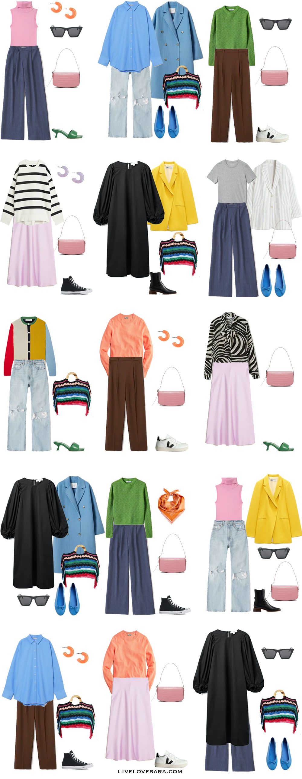 A white background with outfits 1-15 built from the colourful spring capsule wardrobe 2022.