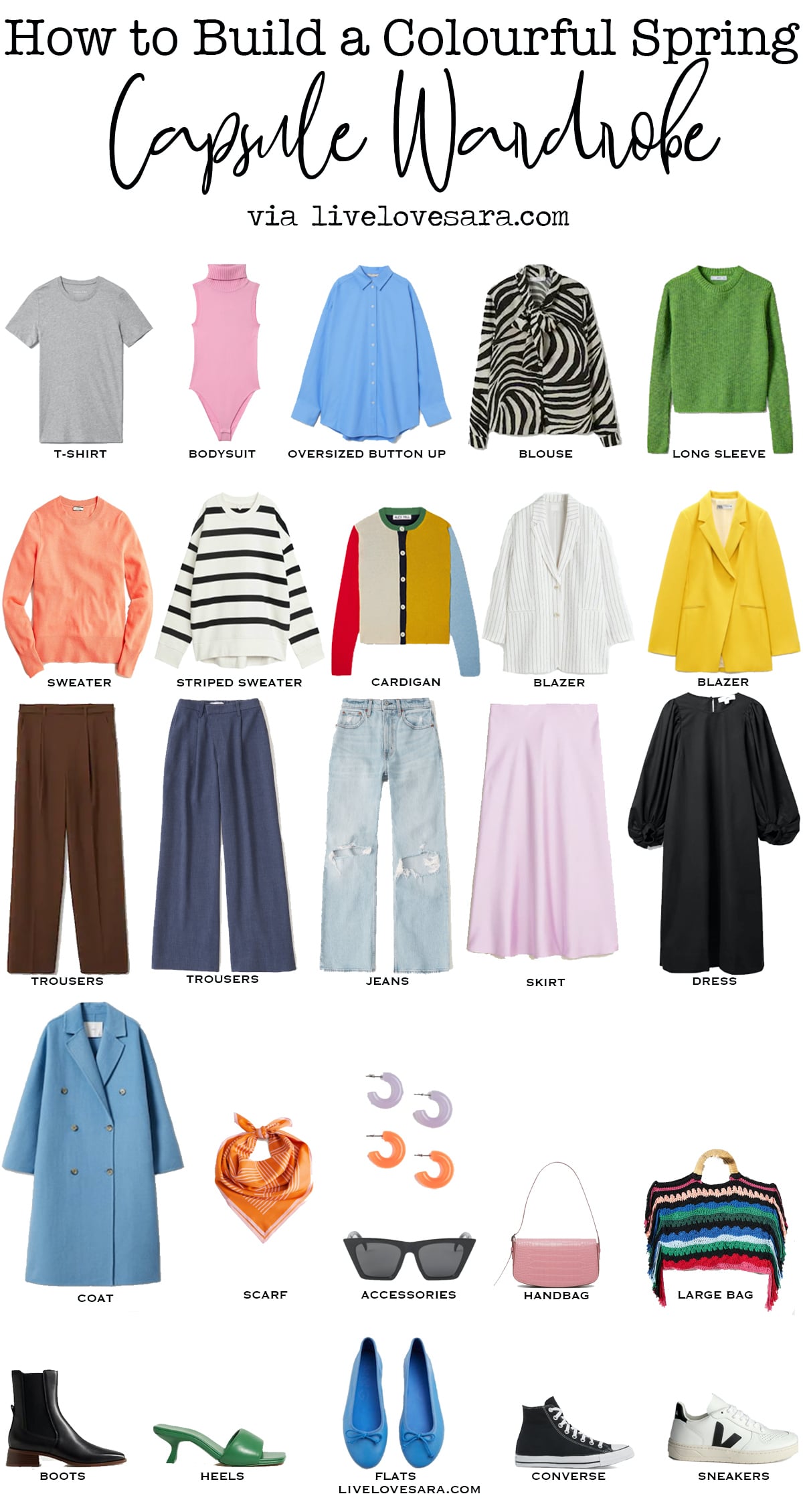 A white background with 25 colourful pieces for a spring capsule wardrobe 2022 laid out in rows.