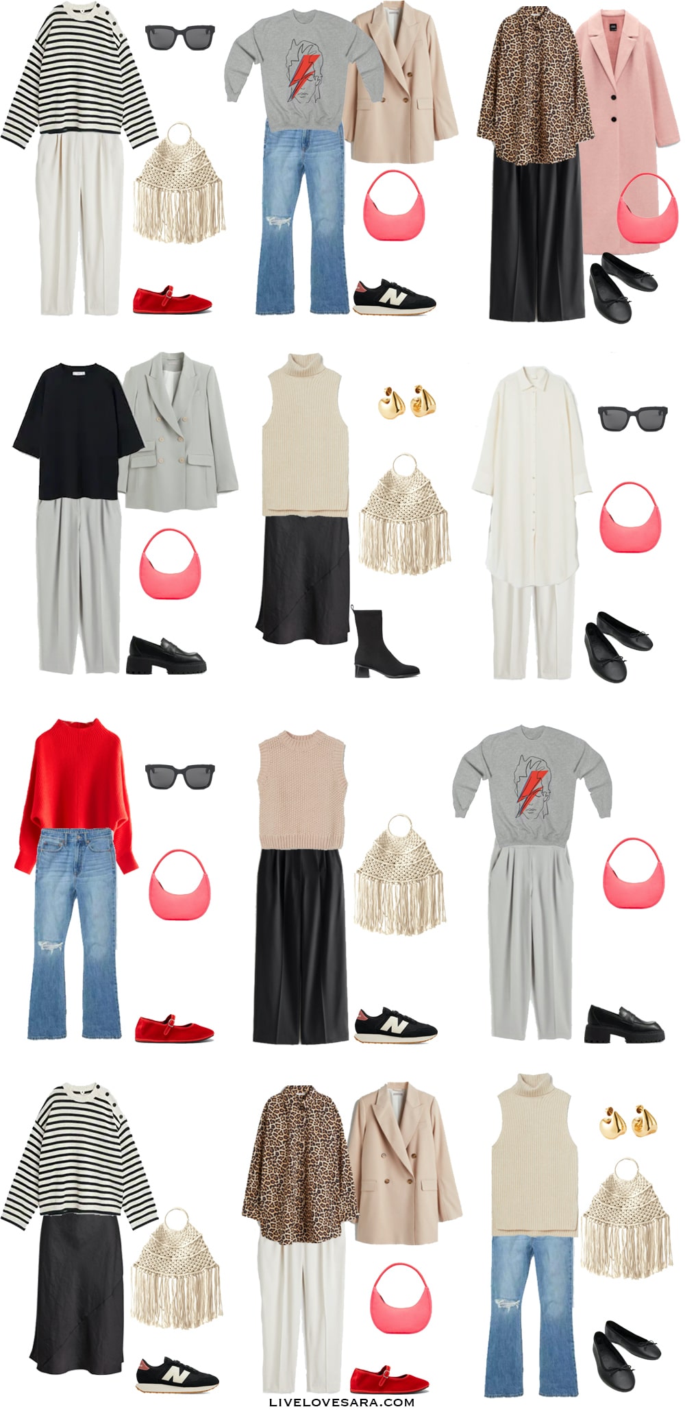 A white background with outfits 1-12 built from the spring minimalist capsule wardrobe 2022.