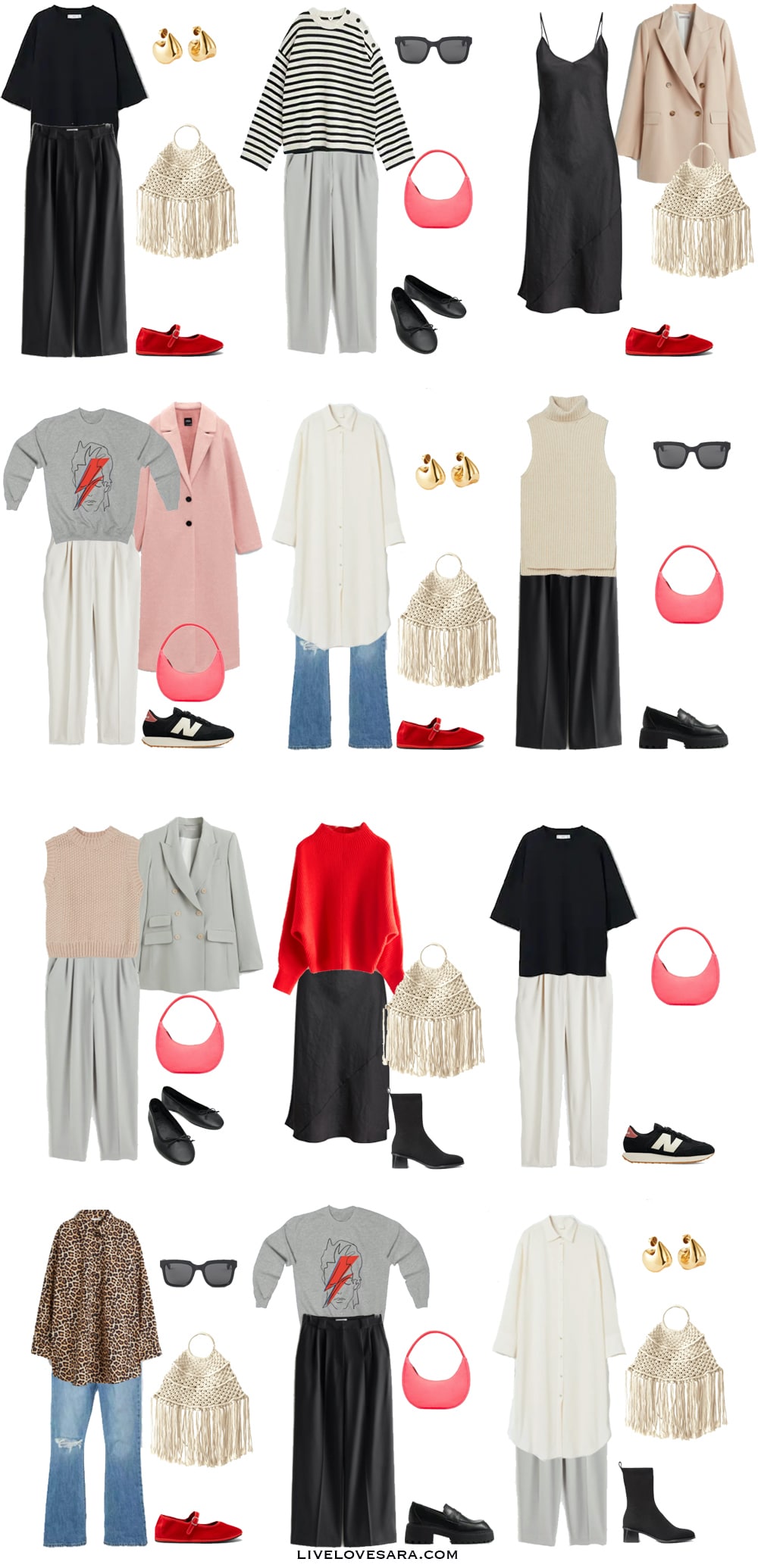 A white background with outfits 13-24 built from the spring minimalist capsule wardrobe 2022.