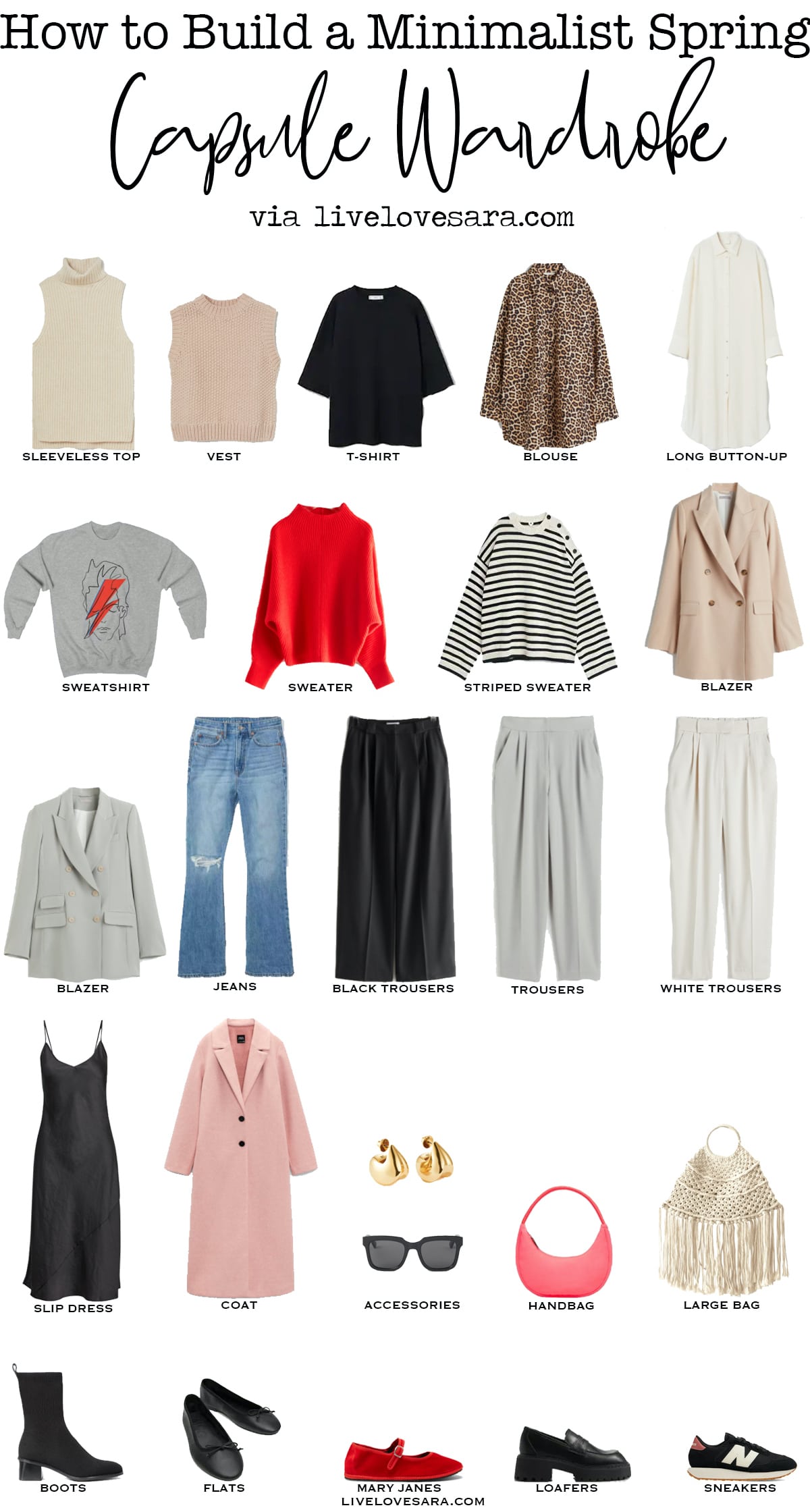 A white background with 25 colourful pieces for a spring minimalist capsule wardrobe 2022 laid out in rows.