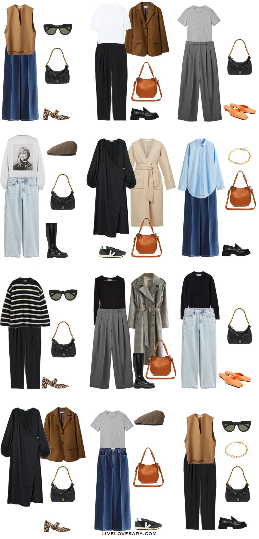 A white background with outfits 1-12 built from the spring capsule wardrobe essentials 2022.