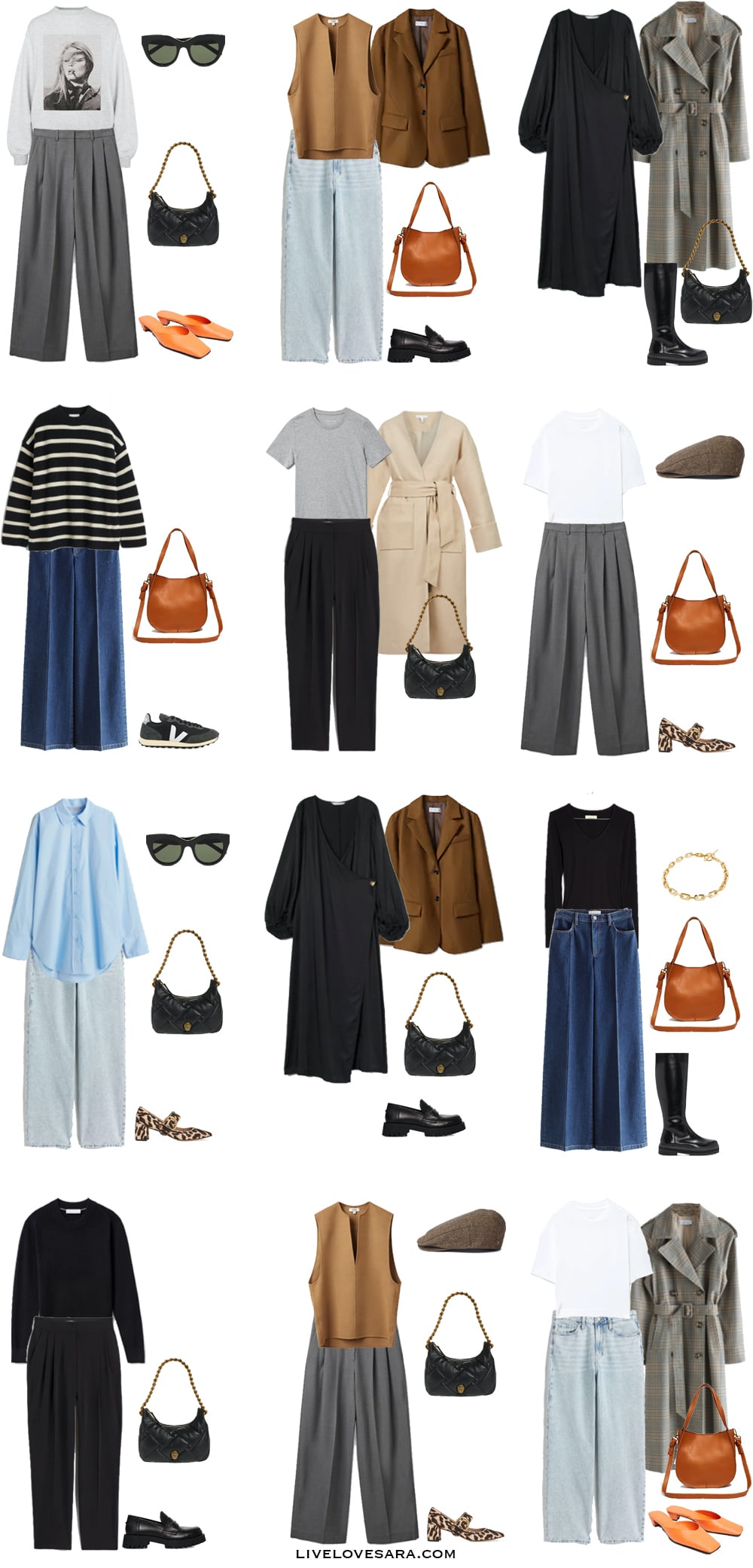 A white background with outfits 1-12 built from the spring capsule wardrobe essentials 2022.