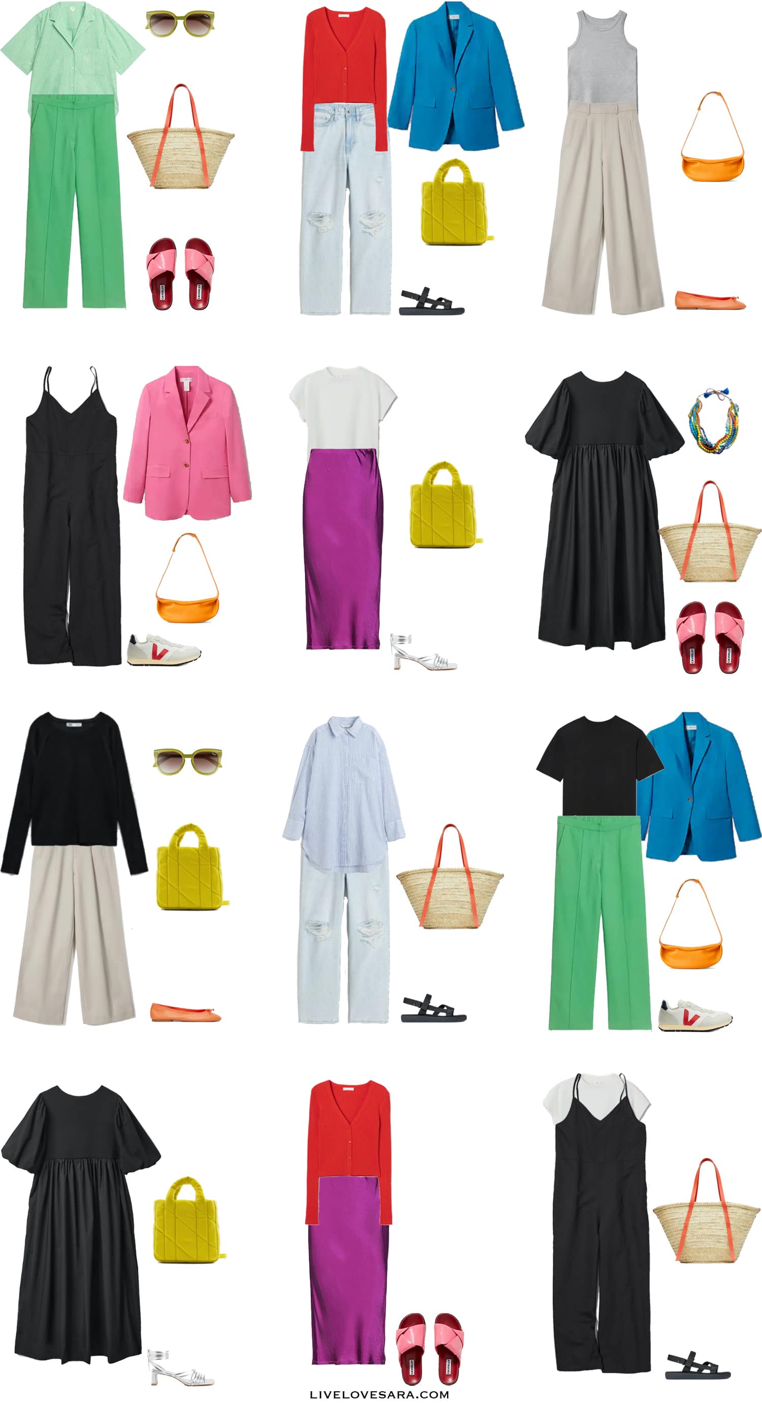 A white background with outfits 1-12 built from the colourful summer capsule wardrobe 2022