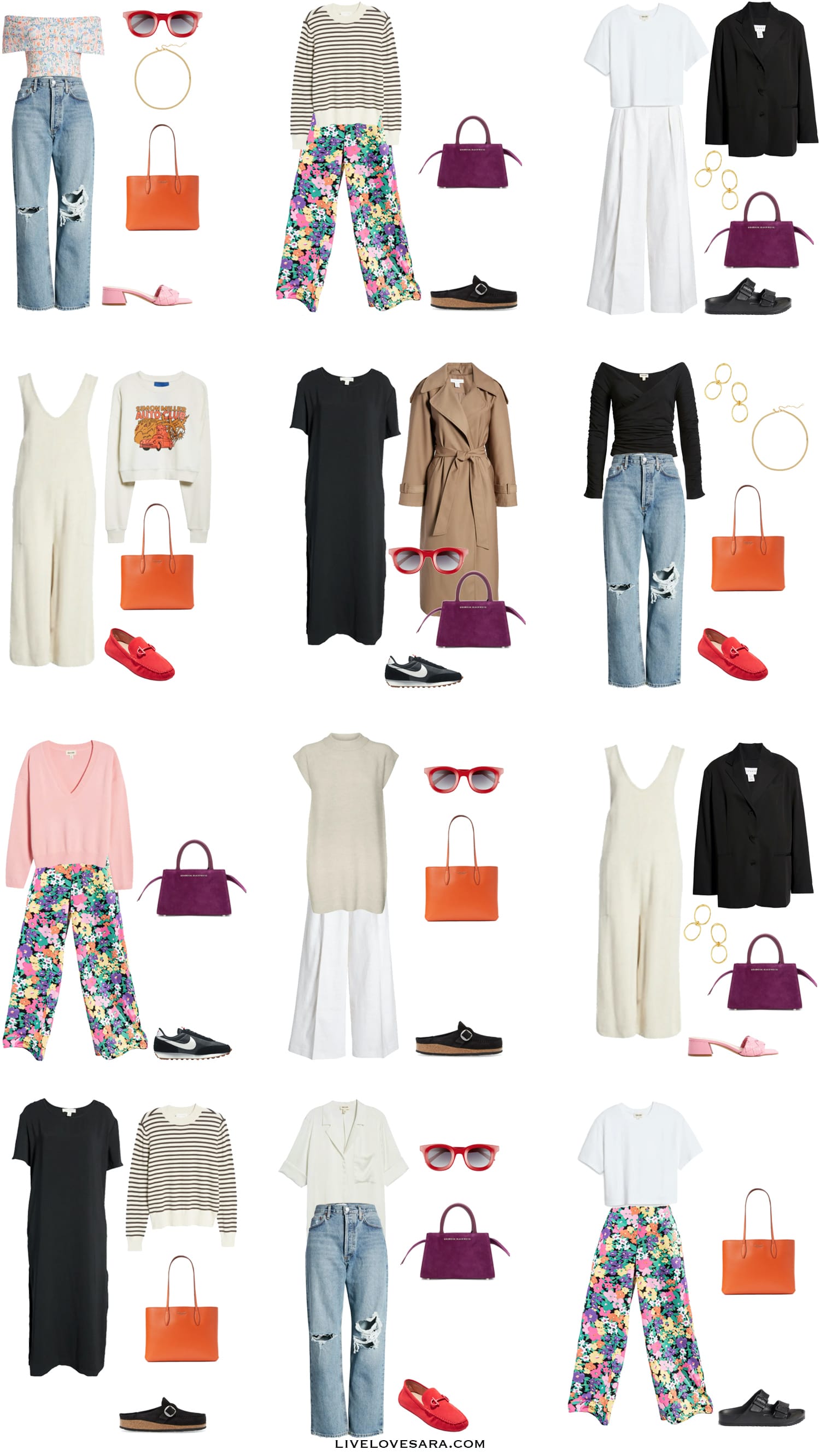 A white background with outfits 1-12 built from a transitional spring to summer capsule wardrobe 2022 from Nordstrom Canada.