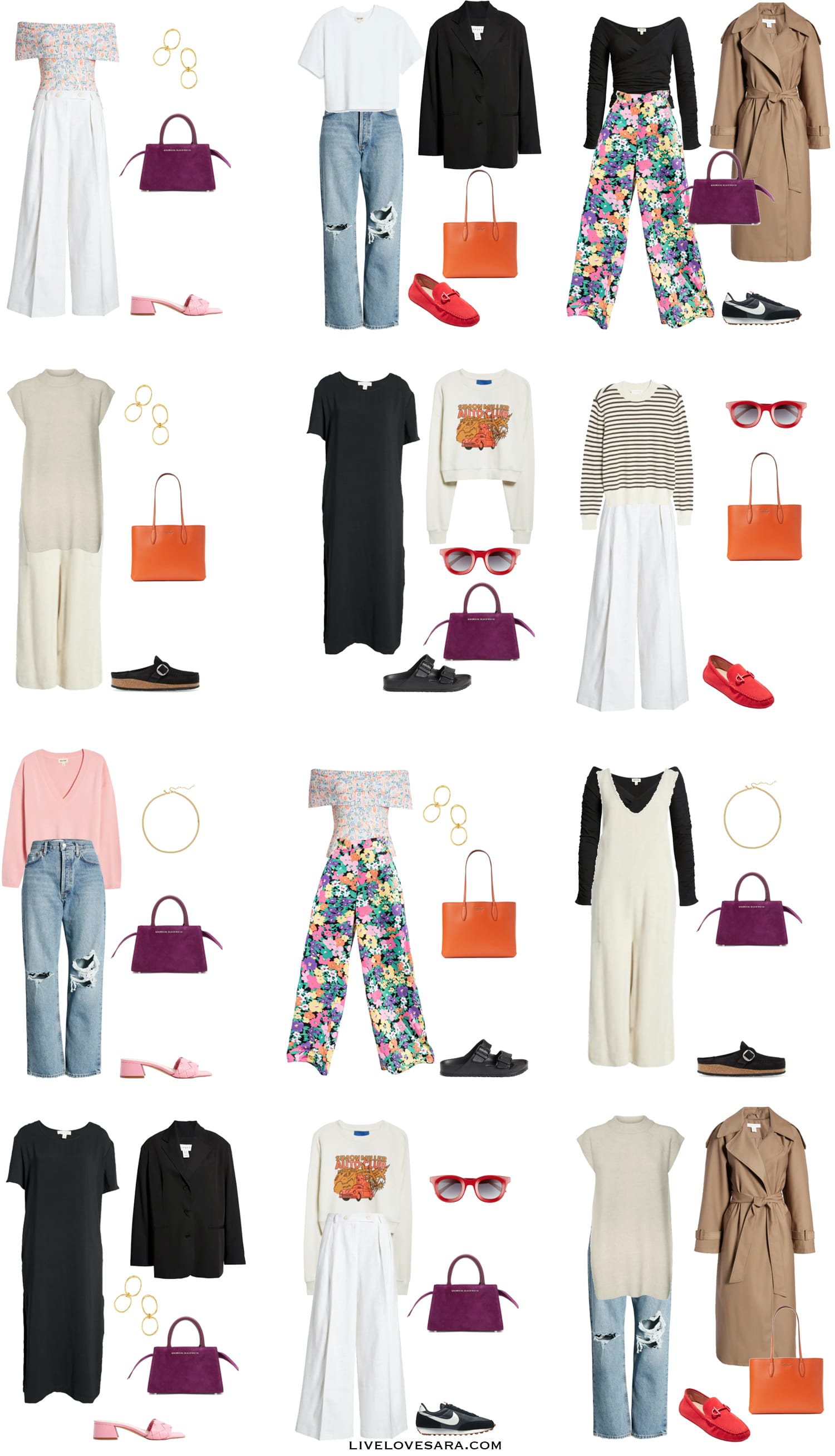 A white background with outfits 13-24 built from a transitional spring to summer capsule wardrobe 2022 from Nordstrom Canada.