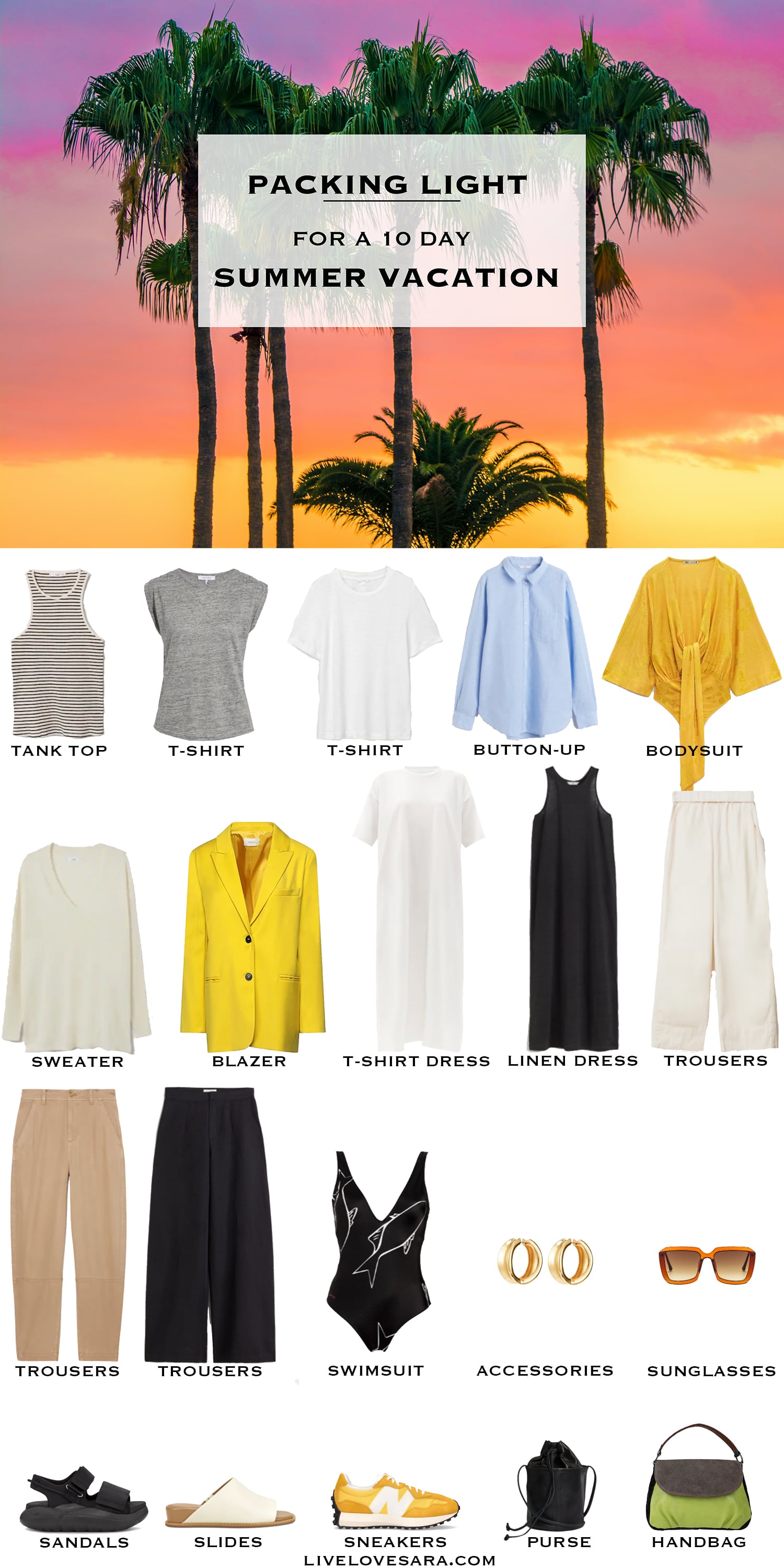 A white background with the image of a sunset and palm trees at the top. Below that is a list of 20 items to pack for a summer vacation. 