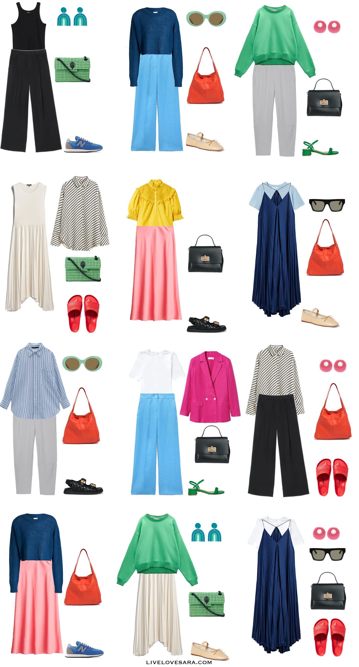 A white background with 12 outfits from building a dopamine dressing summer capsule wardrobe.