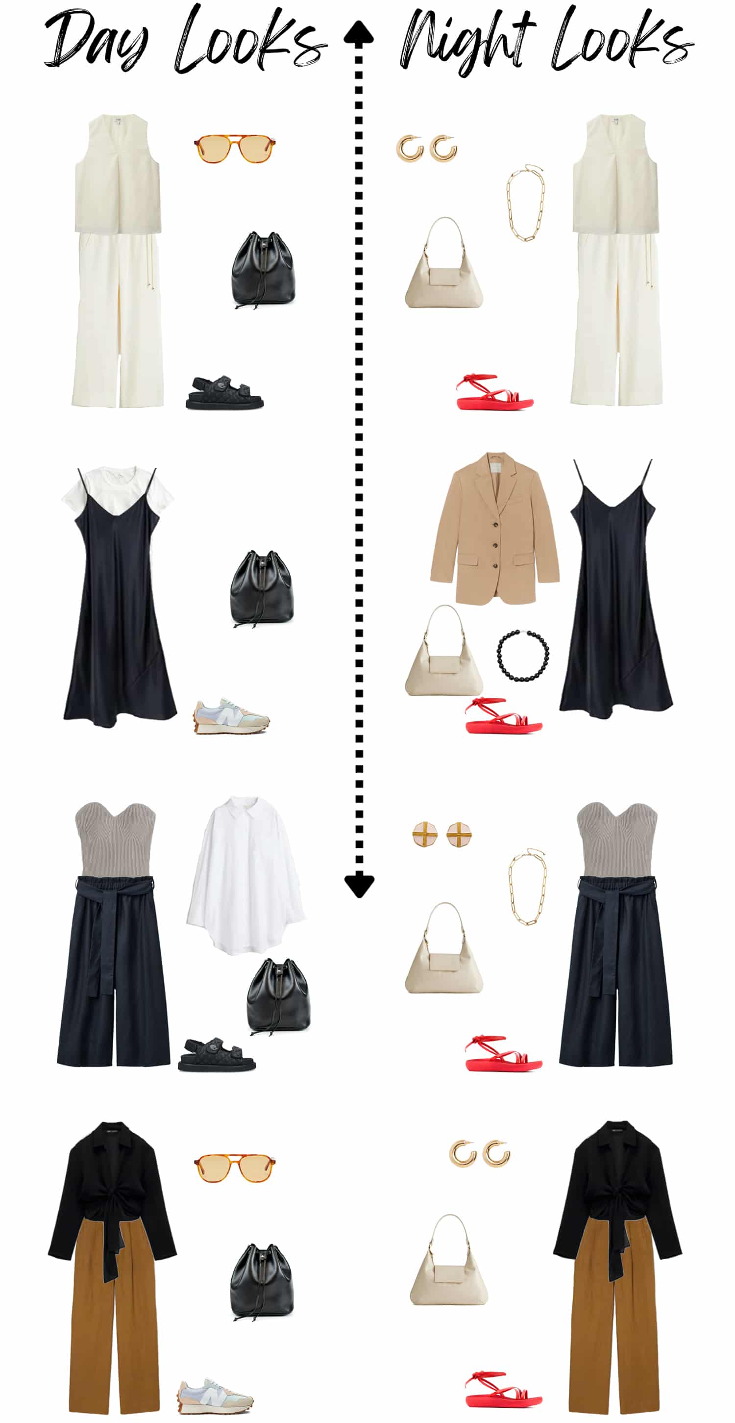 A white background with how to transition your travel wardrobe from day looks to night looks