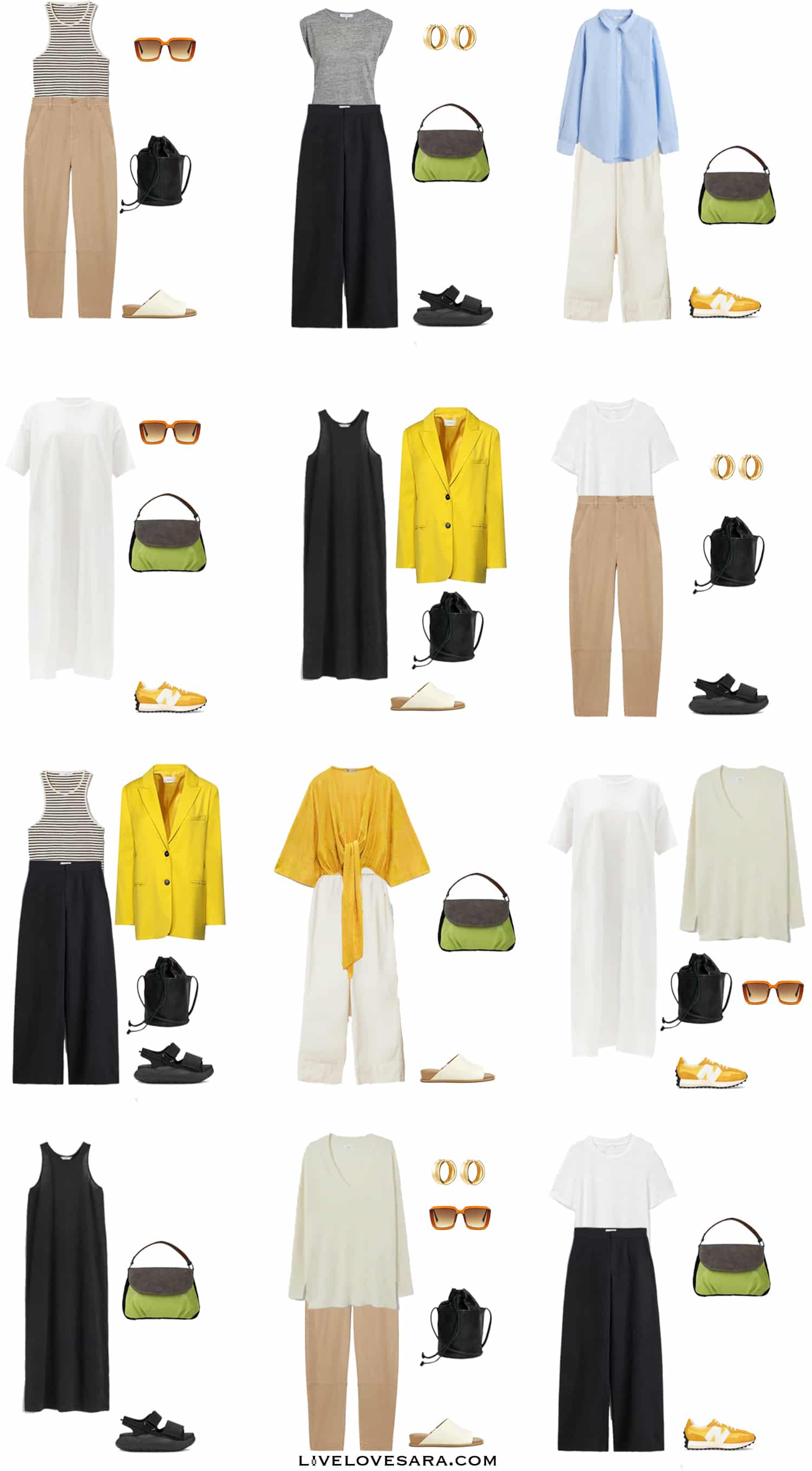 A White Background with 12 outfits to wear on a summer vacation.