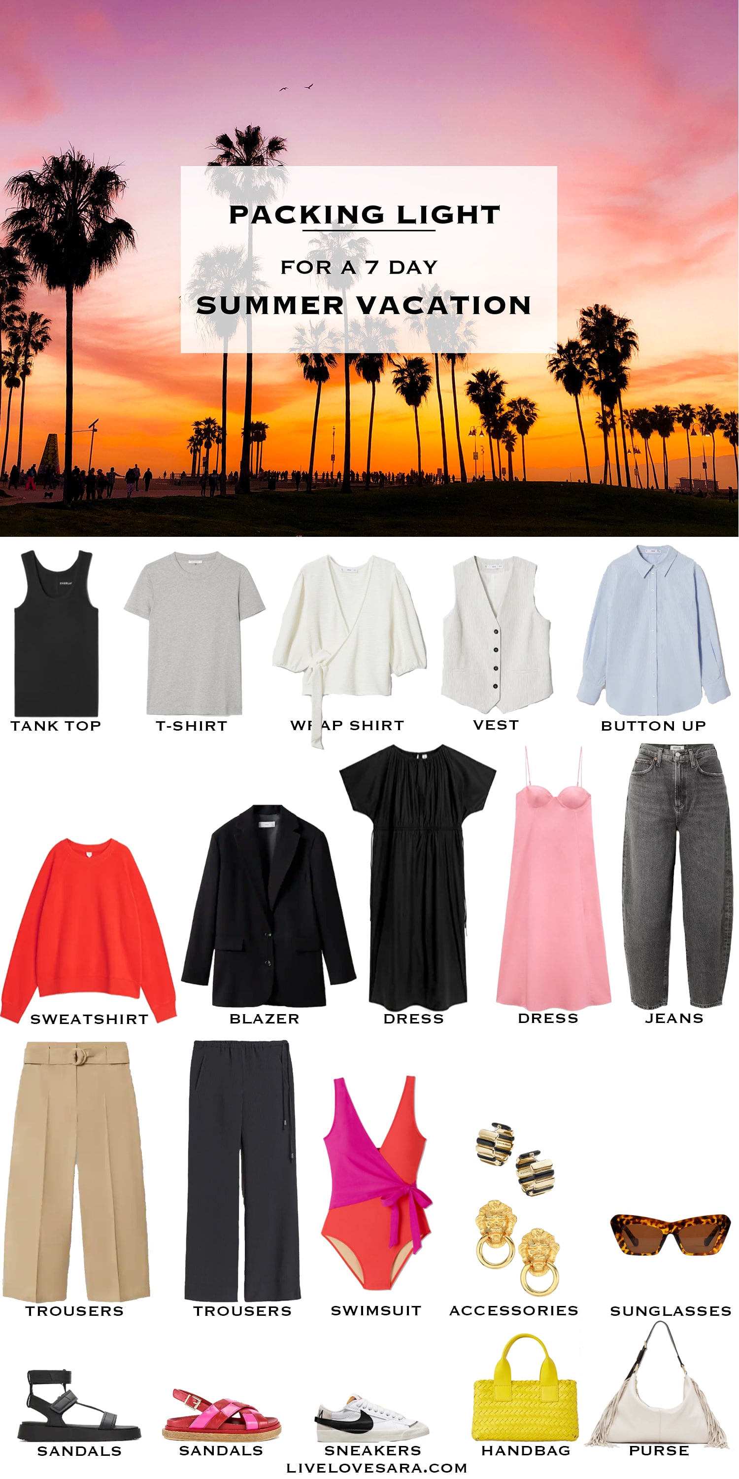 A white background with the image of a sunset and palm trees at the top. Below that is a list of 21 items to pack for a summer vacation.