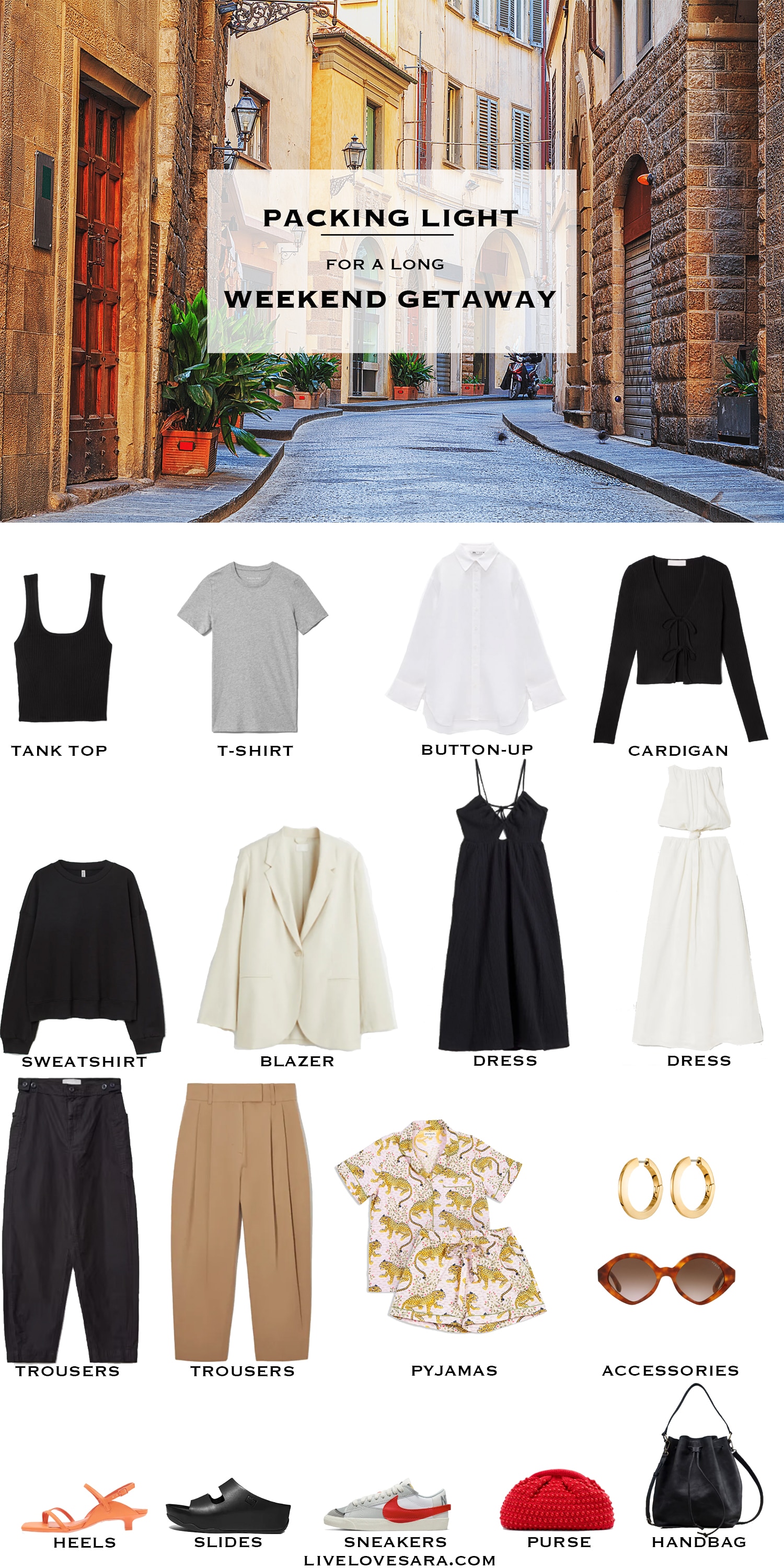 A white background with the image of an Italian city street at the top. Below that is a list of 18 items to pack for a weekend getaway.