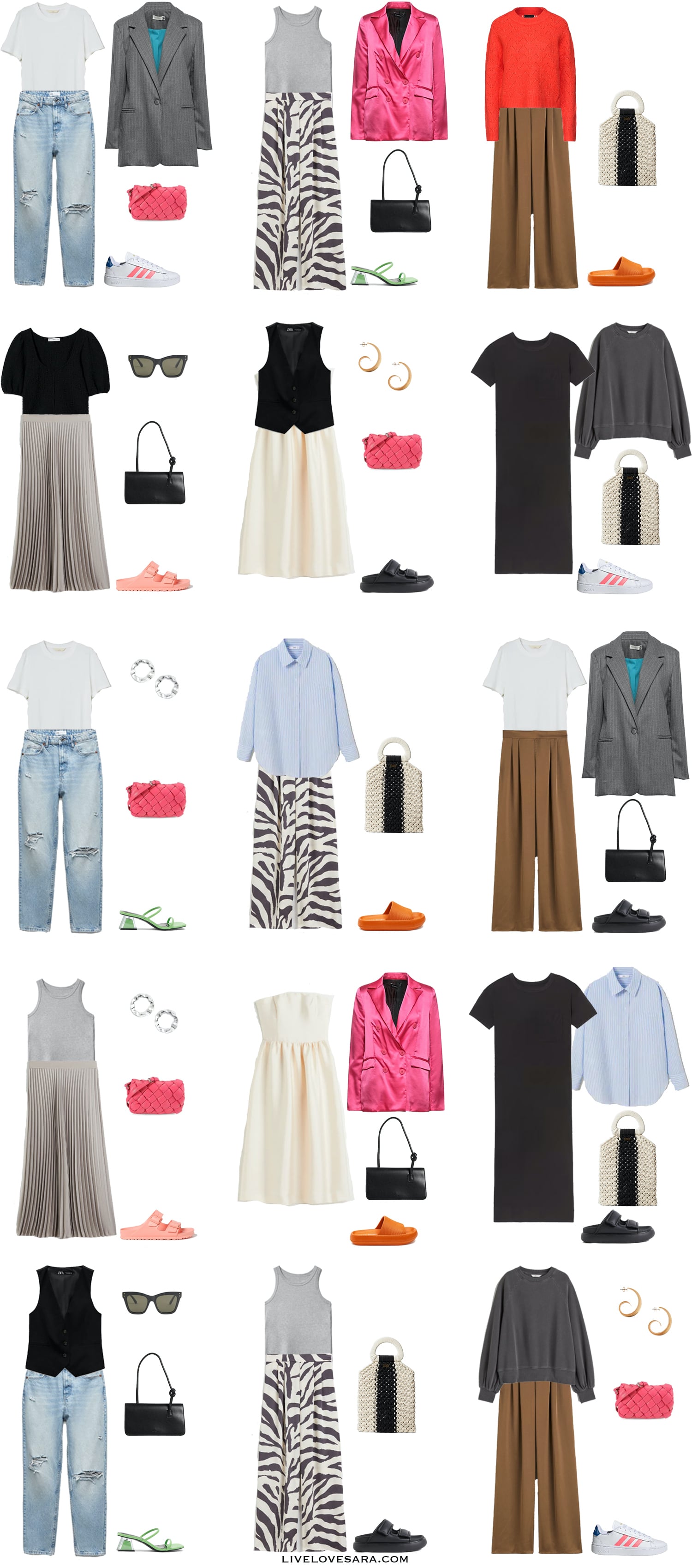 A white background with 15 outfits from building a budget summer capsule wardrobe.