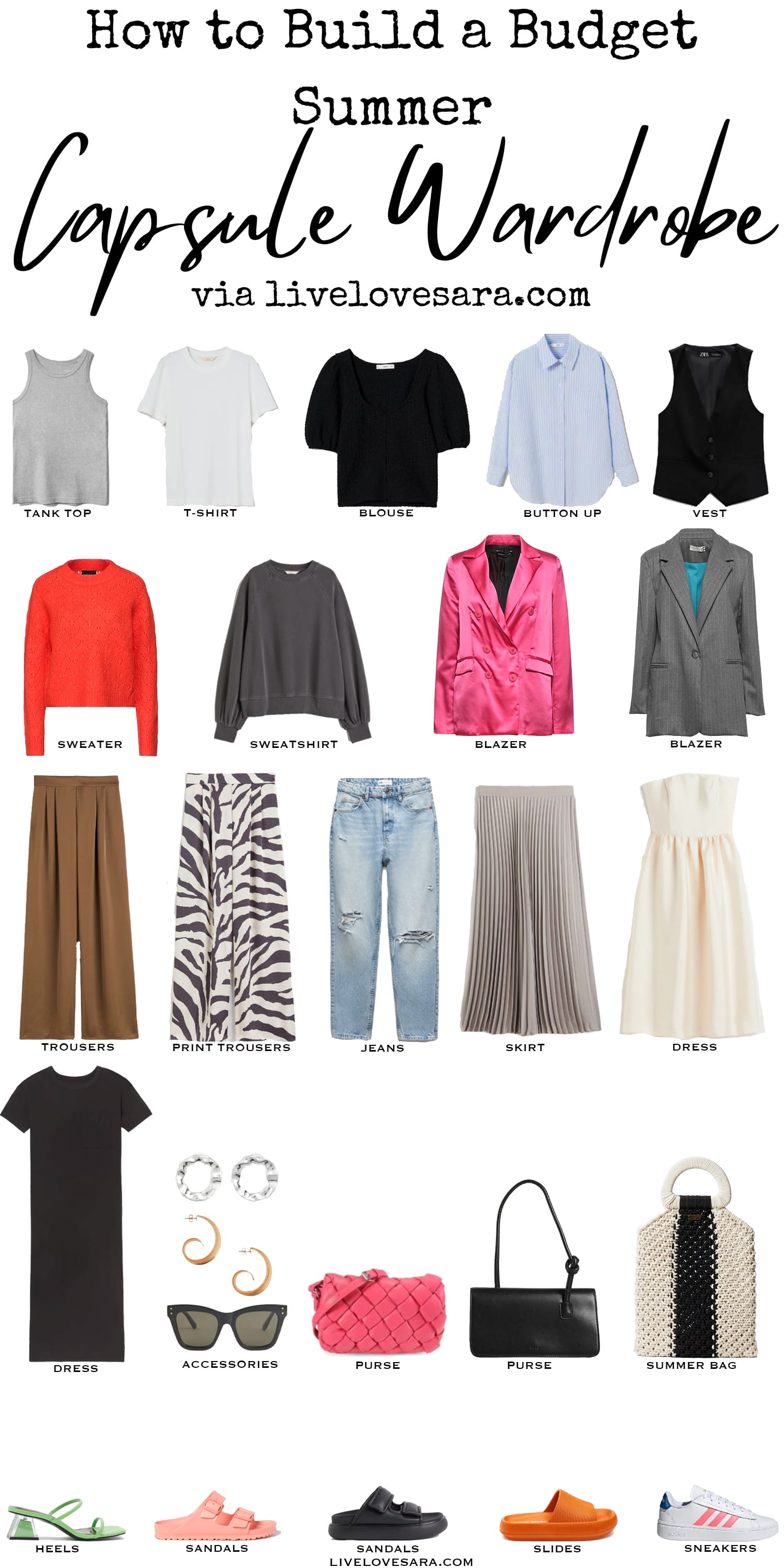 A white background with 26 pieces for building a dopamine dressing summer capsule wardrobe.