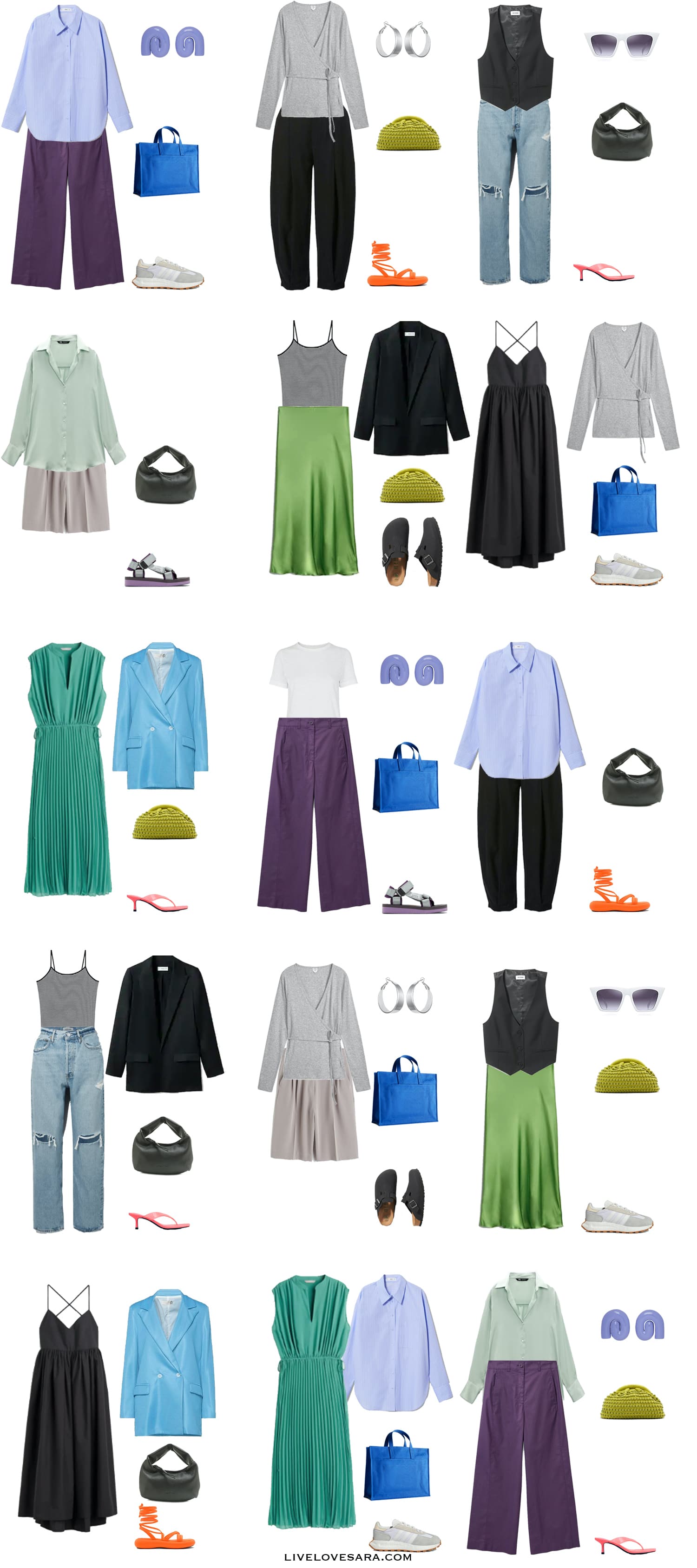 A white background with 15 outfits from building a cool summer colour palette capsule wardrobe.
