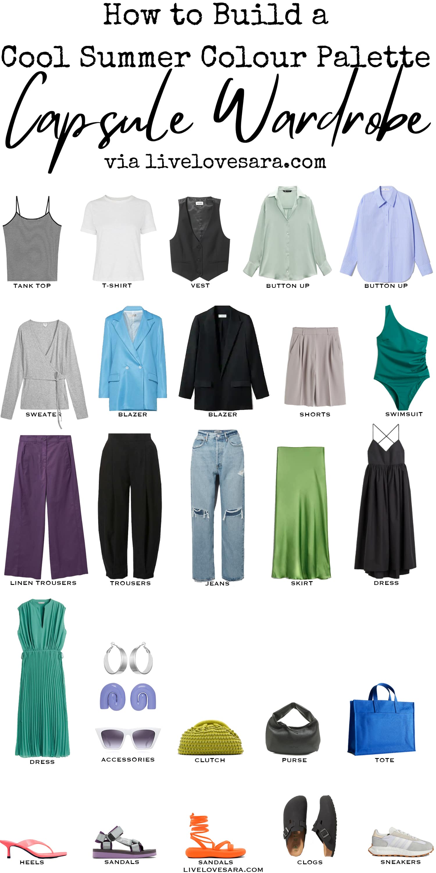 A white background with 27 pieces for building a cool summer clour palette capsule wardrobe.