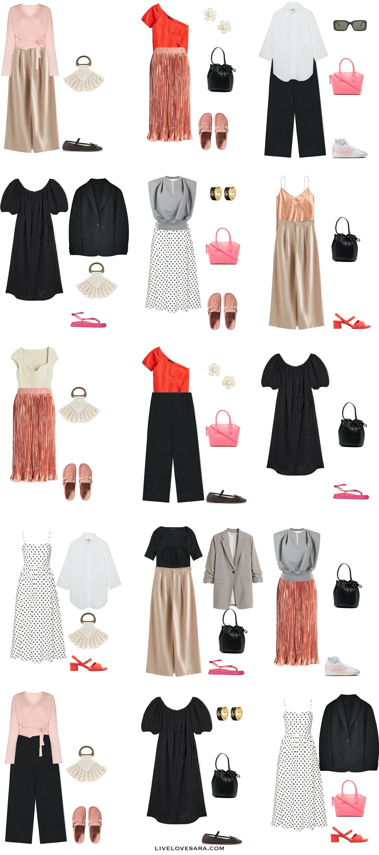 A white background with 15 outfits from building a romantic style summer capsule wardrobe.