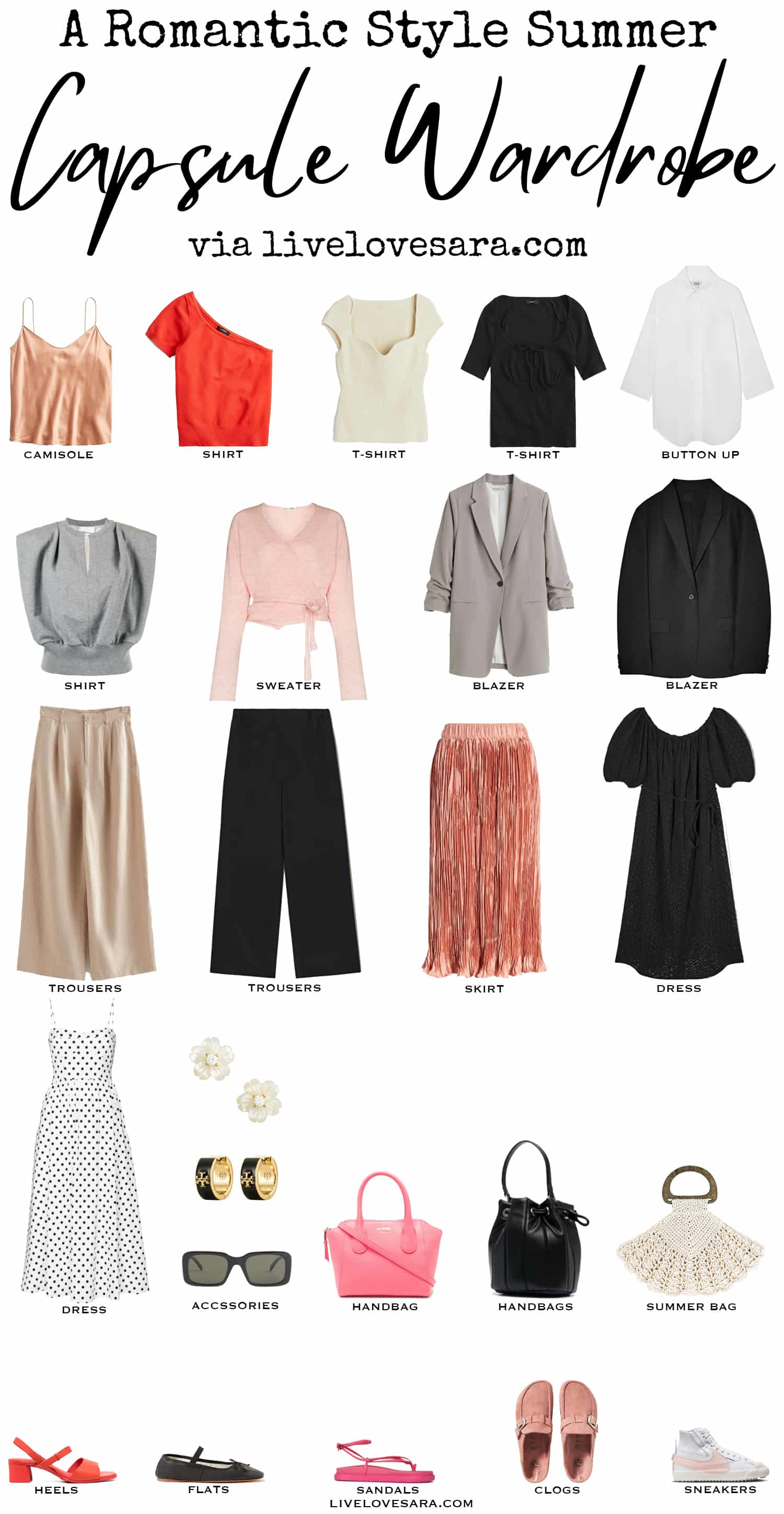 A white background with 25 pieces for building a romantic style summer capsule wardrobe.