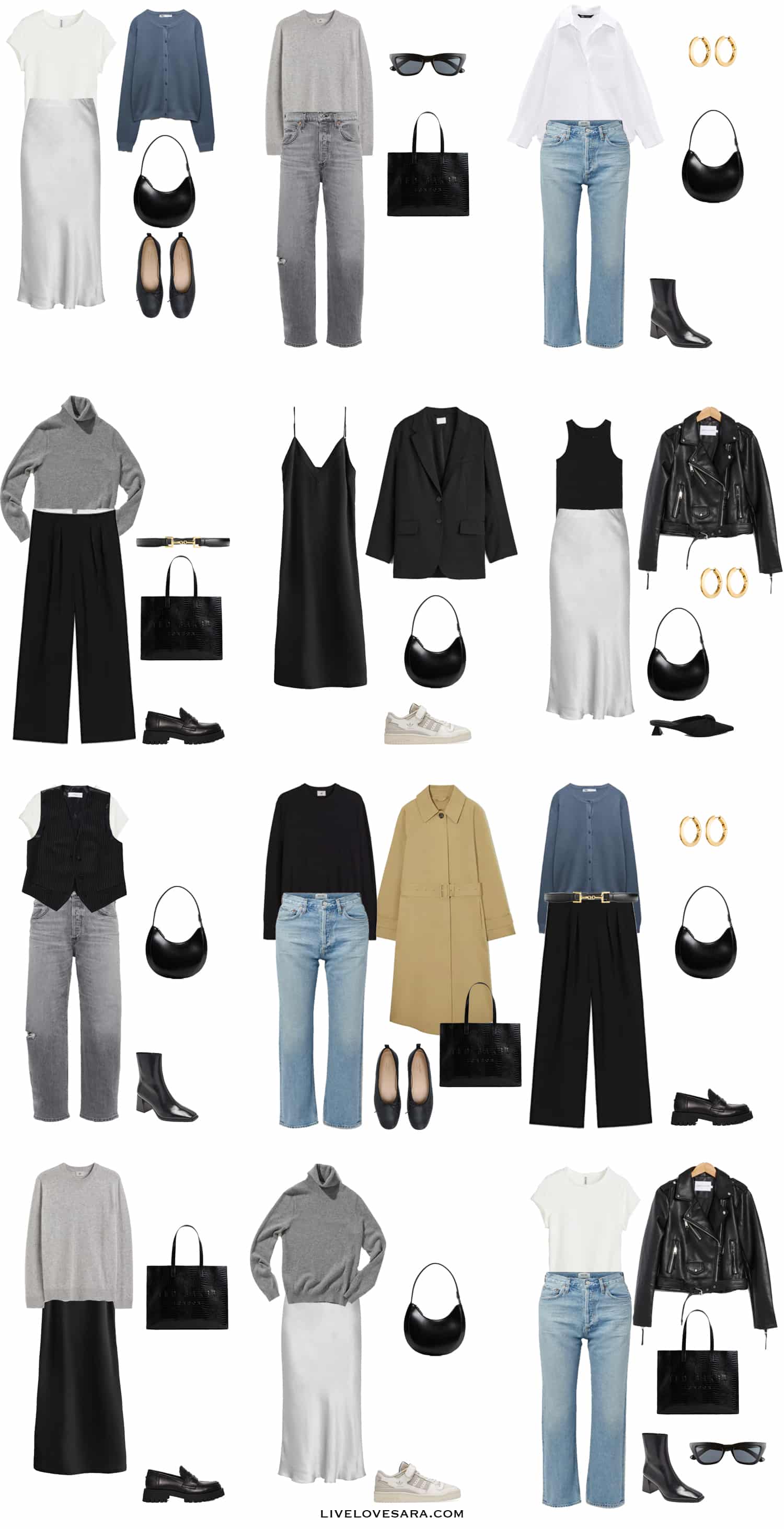 A white background with 12 outfits from the 90s Minimalist Fall Capsule Wardrobe.