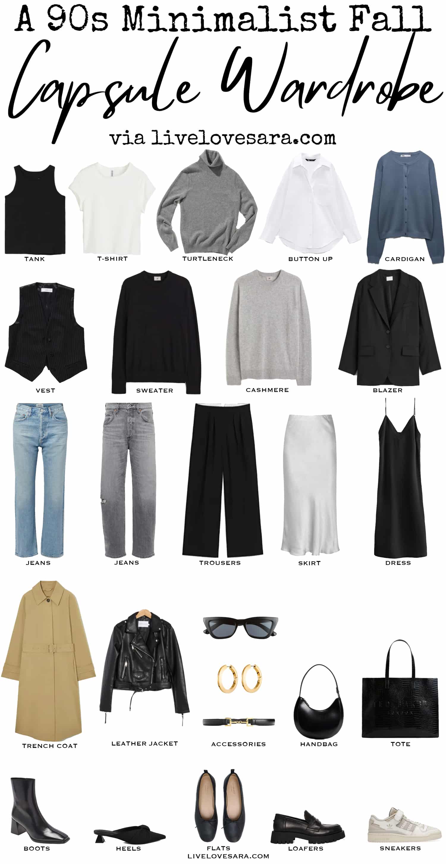 A White Background with 26 pieces for a 90s Minimalist Fall Capsule Wardrobe