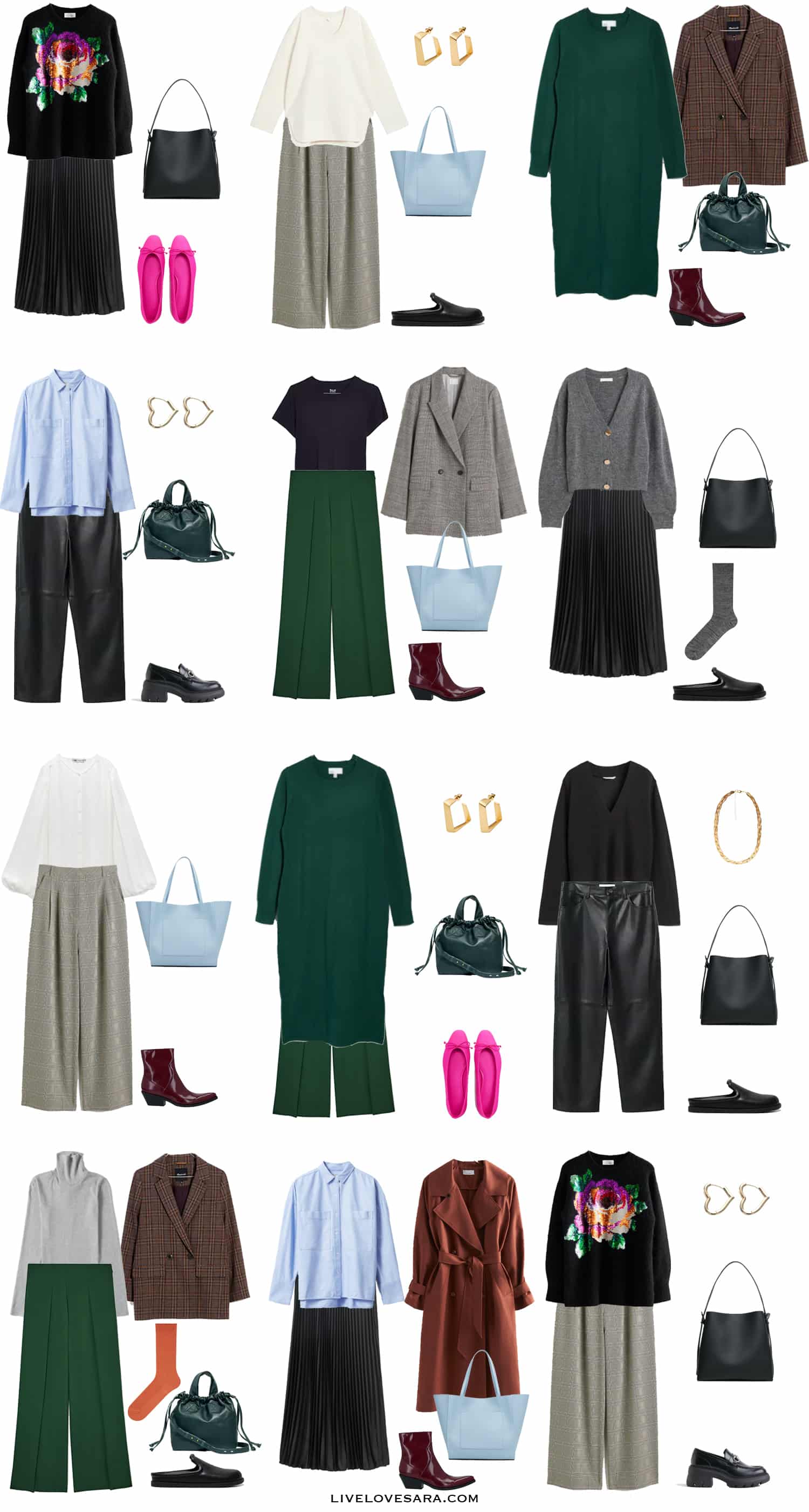 A white background with 12 outfits from building a Fall Teacher capsule wardrobe.