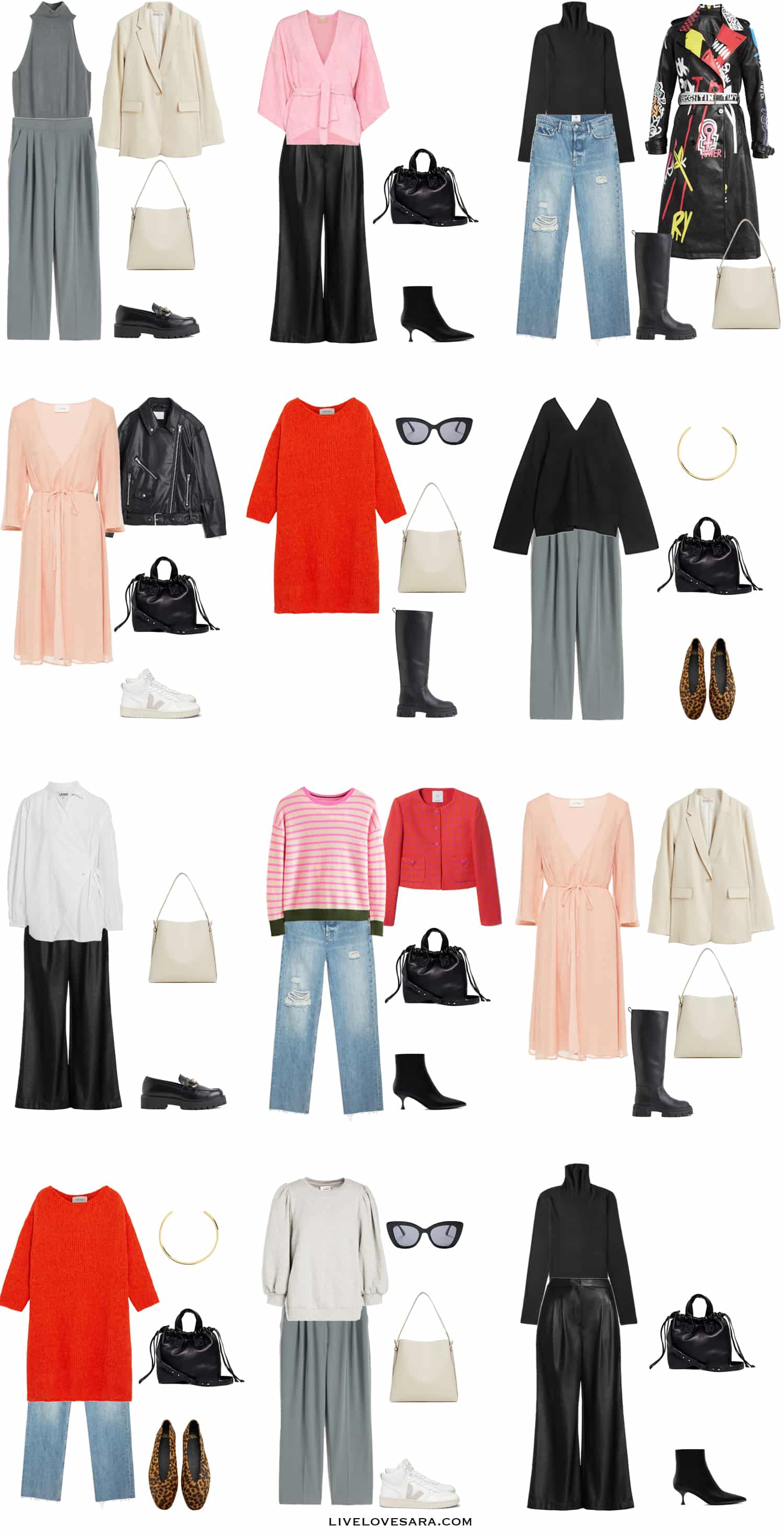 A white background with 12 outfits from building an Edgy capsule wardrobe.