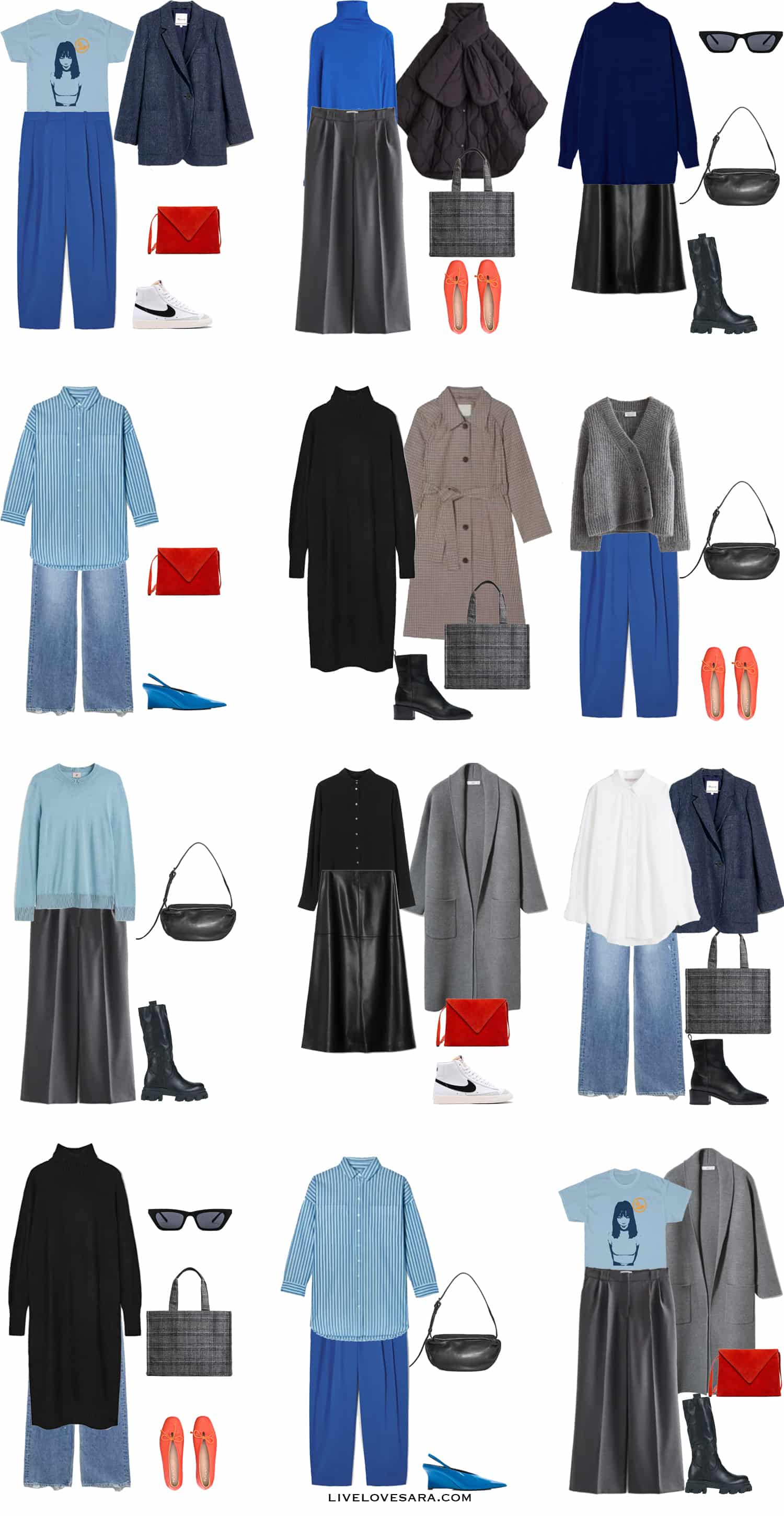 A white background with 12 outfits from the Blue Capsule Wardrobe.