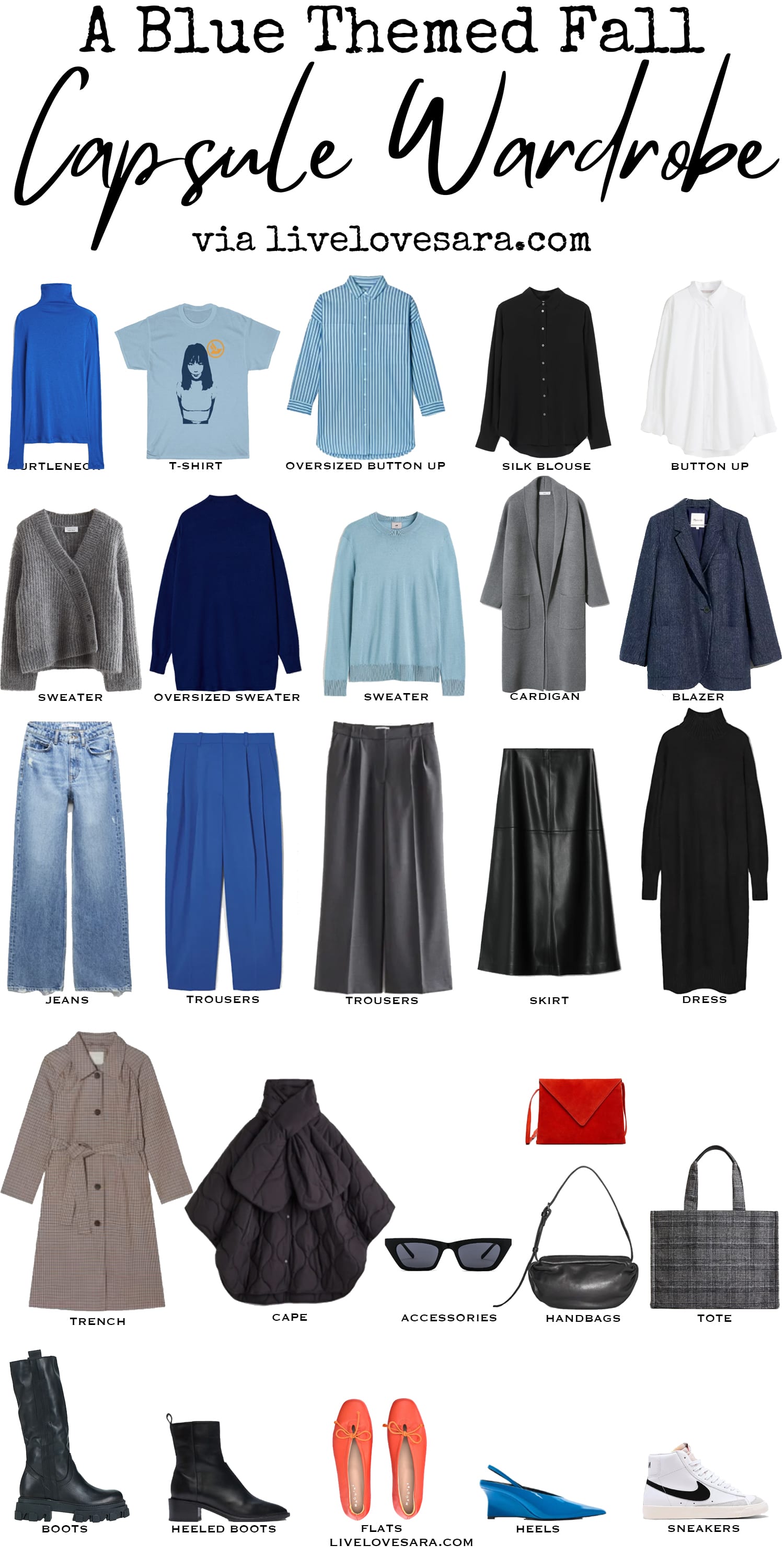 A white background with 26 pieces from the Blue Capsule Wardrobe for Fall