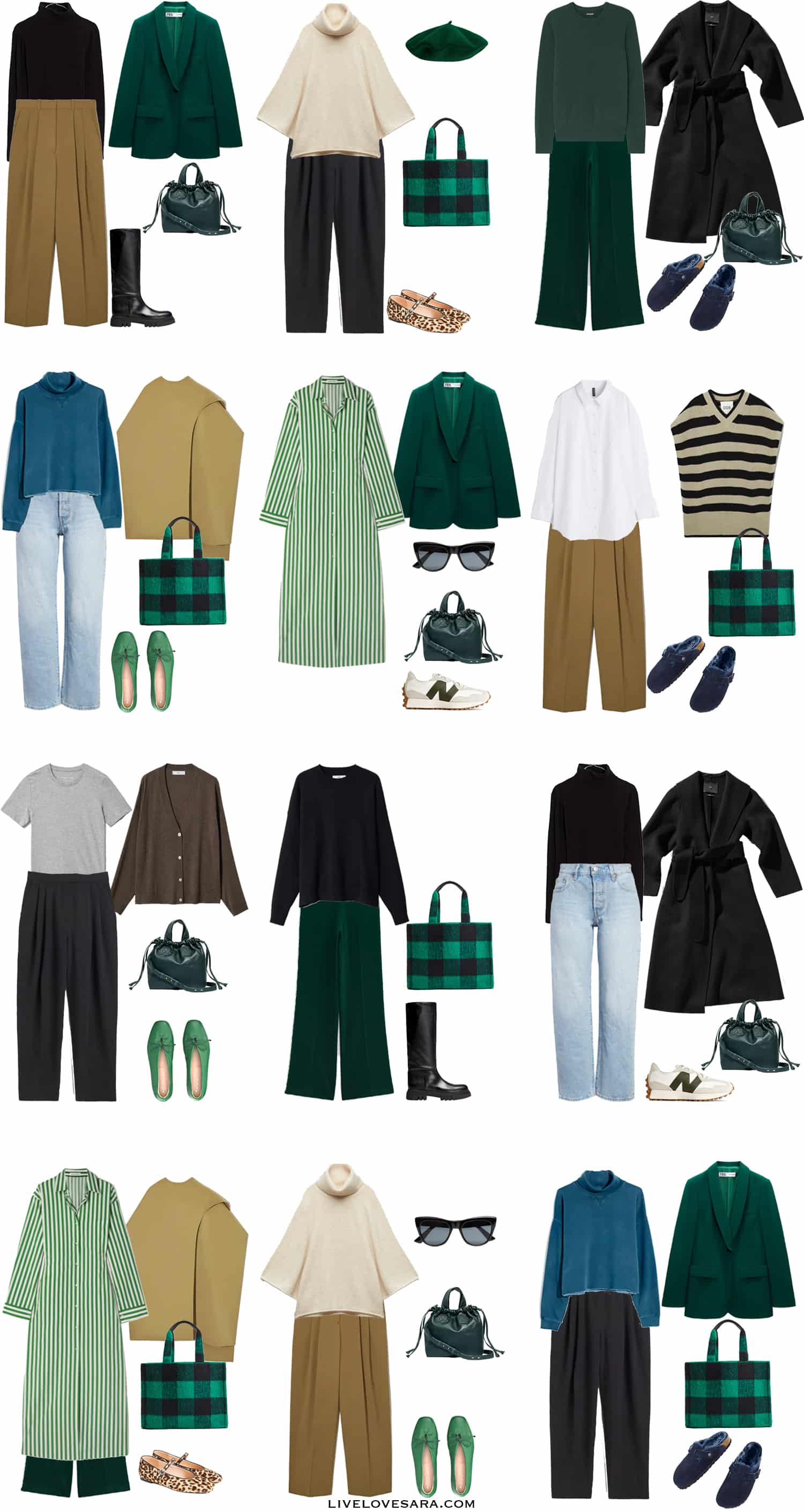 A white background with 12 outfits from the Dark Green Capsule Wardrobe.