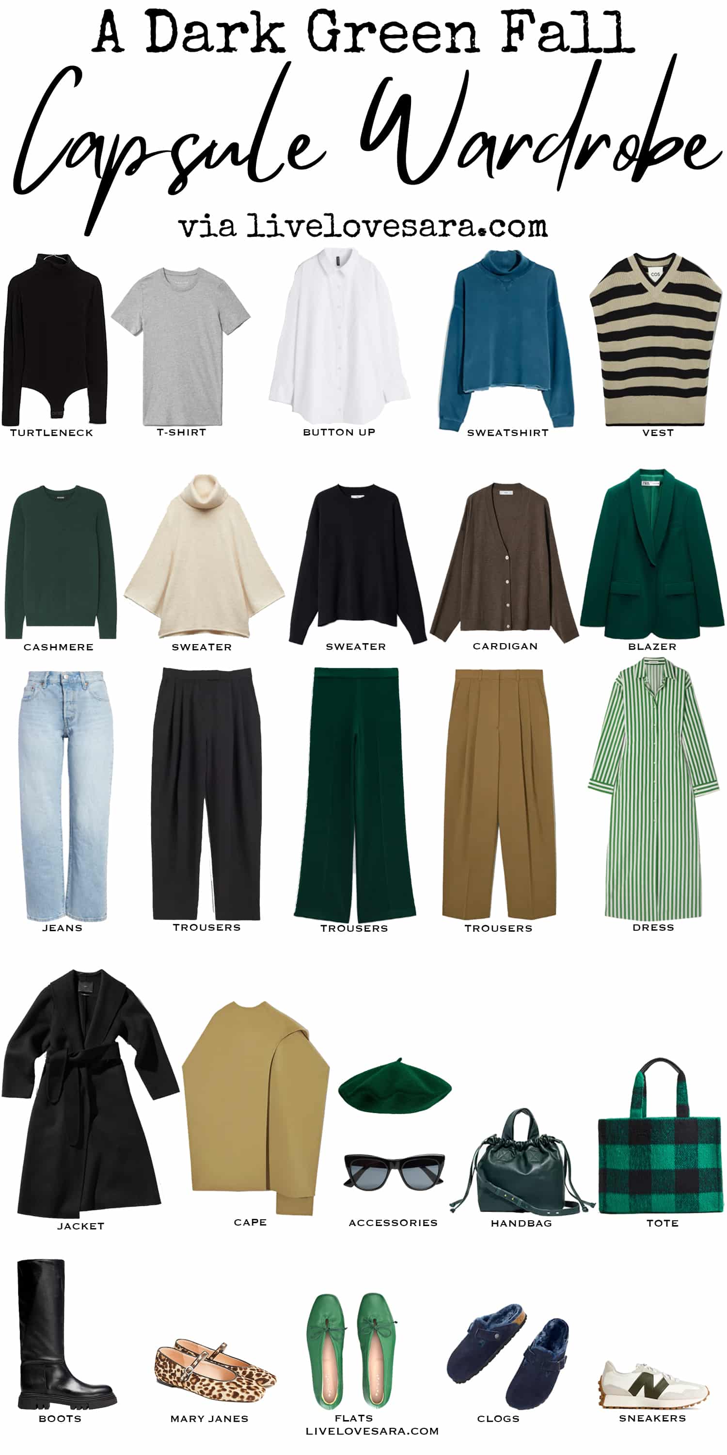 A white background with 26 pieces from the Dark Green Capsule Wardrobe