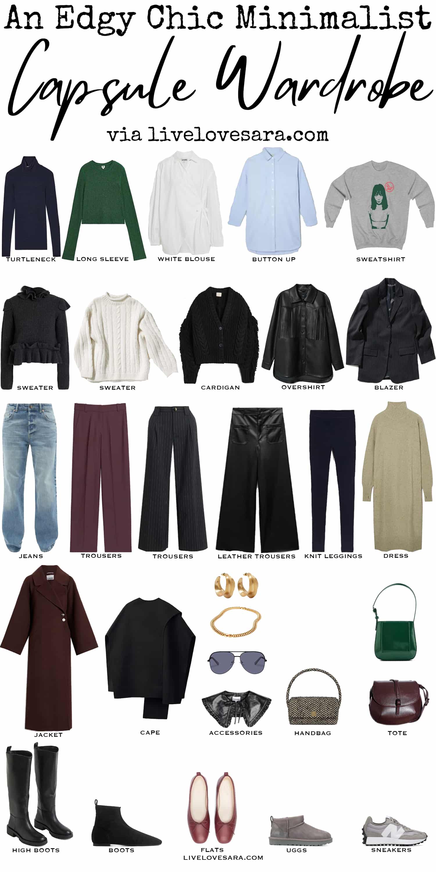 A white background with 30 pieces from the Edgy Chic Minimalist Capsule Wardrobe for Autumn