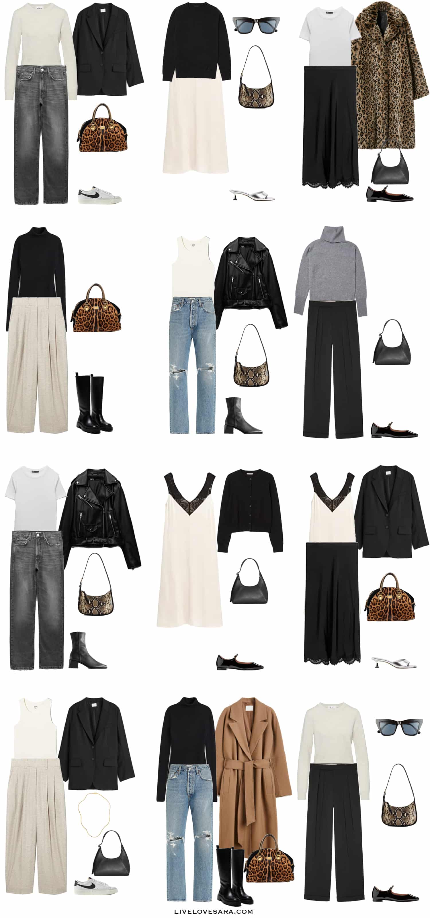 A White background with 12 outfits from the 90s Kate Moss Capsule Wardrobe.