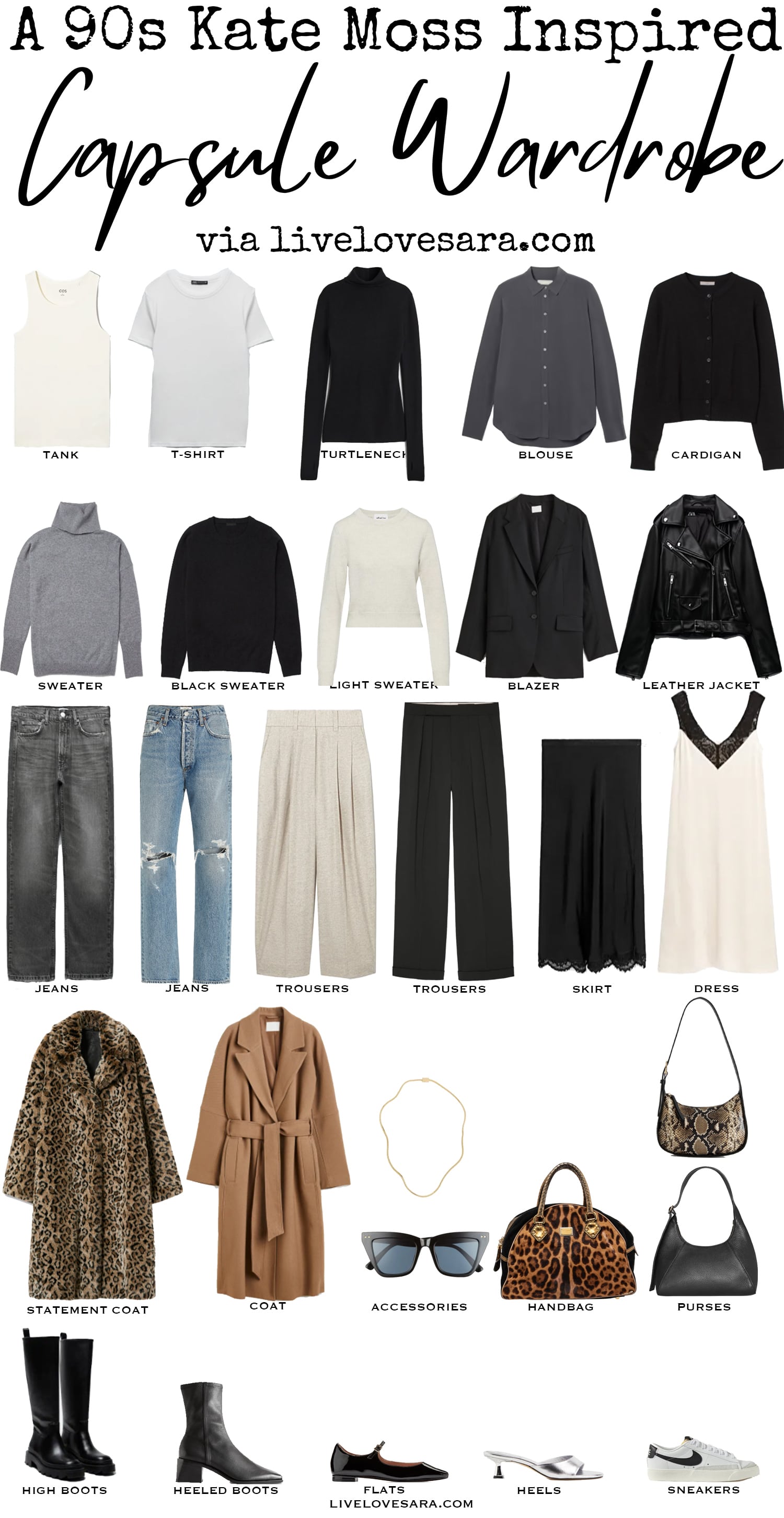 A white background with 28 items for the 90s Kate Moss Capsule Wardrobe