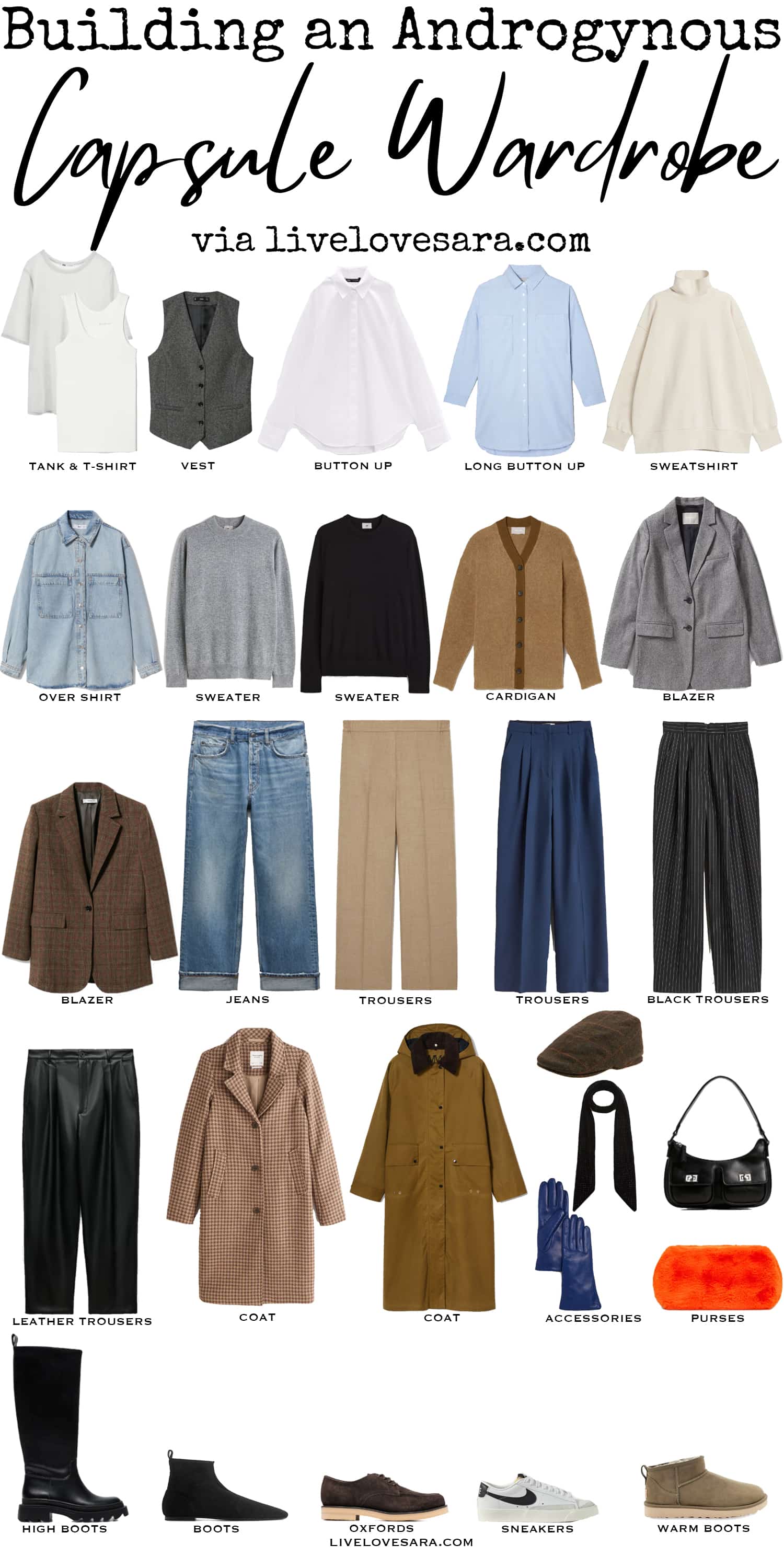 A white background with 29 pieces from the Building an Androgynous Capsule Wardrobe for Winter.