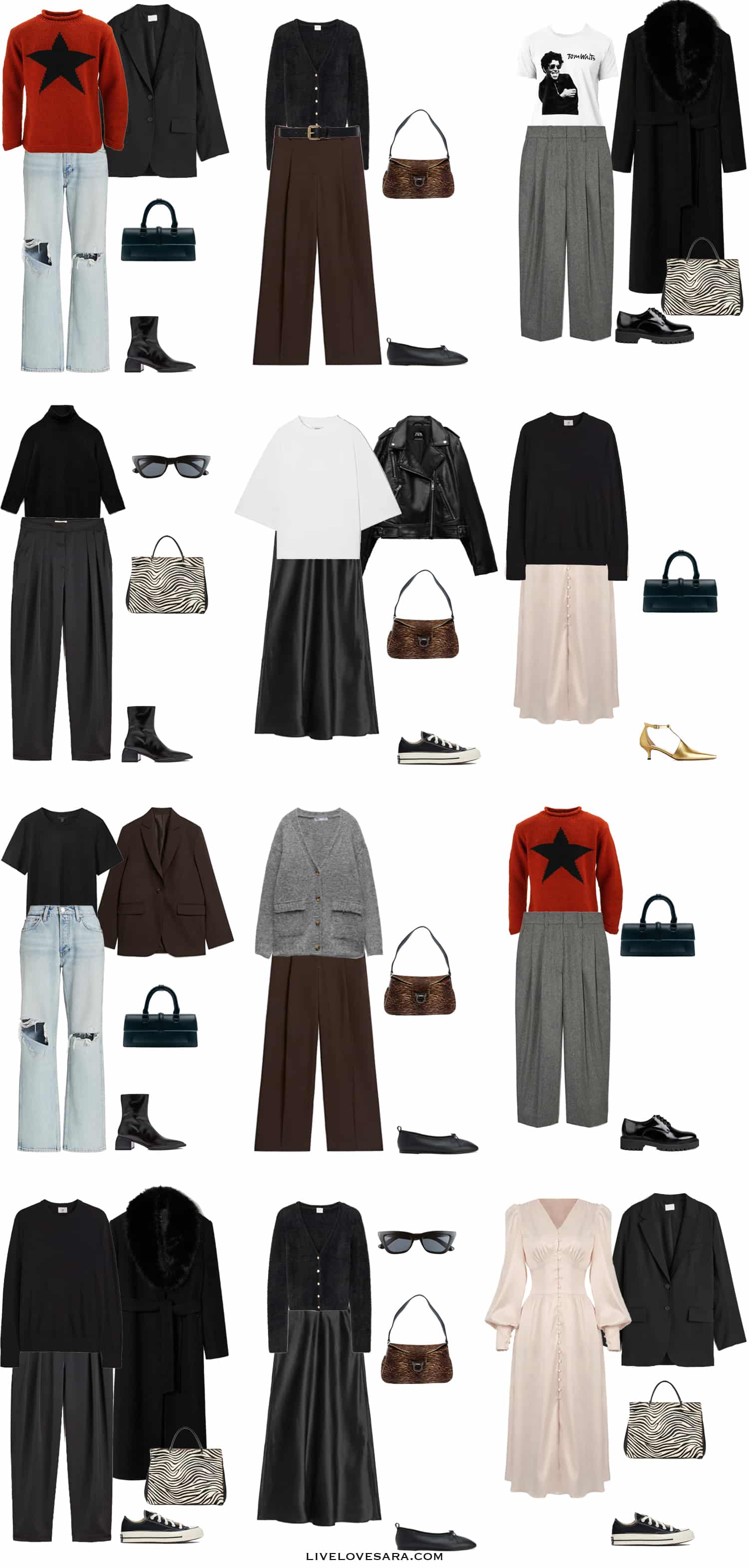 A White background with 12 outfits from the 90s Winona Ryder Capsule Wardrobe.