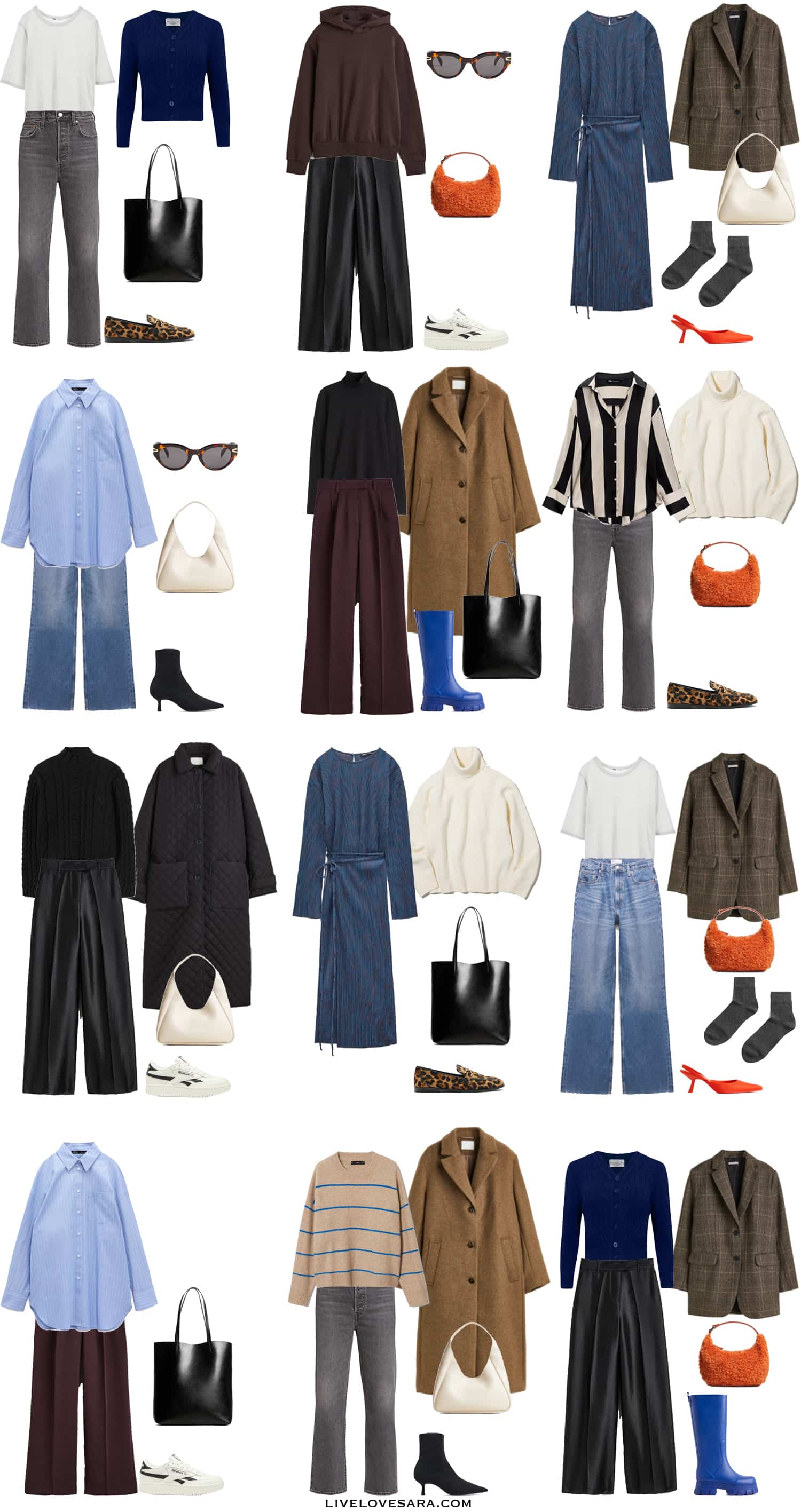 A white background with 12 outfits from the Budget Winter Capsule Wardrobe.