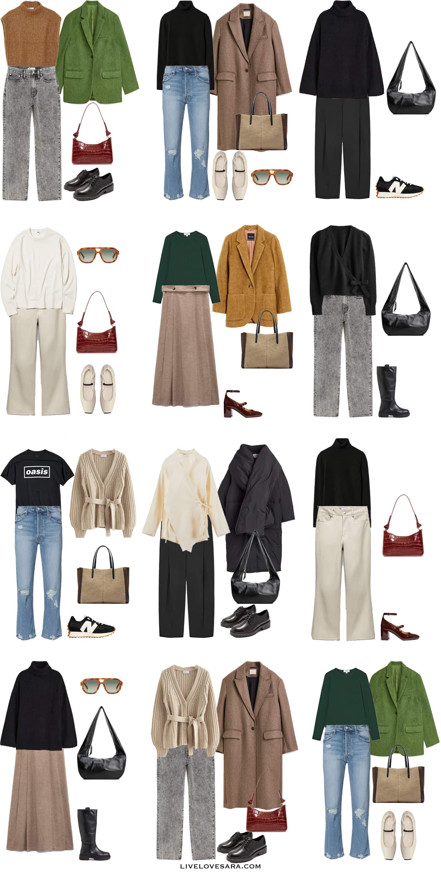 A white background with 12 outfits from the Warm Palette Winter Capsule Wardrobe.